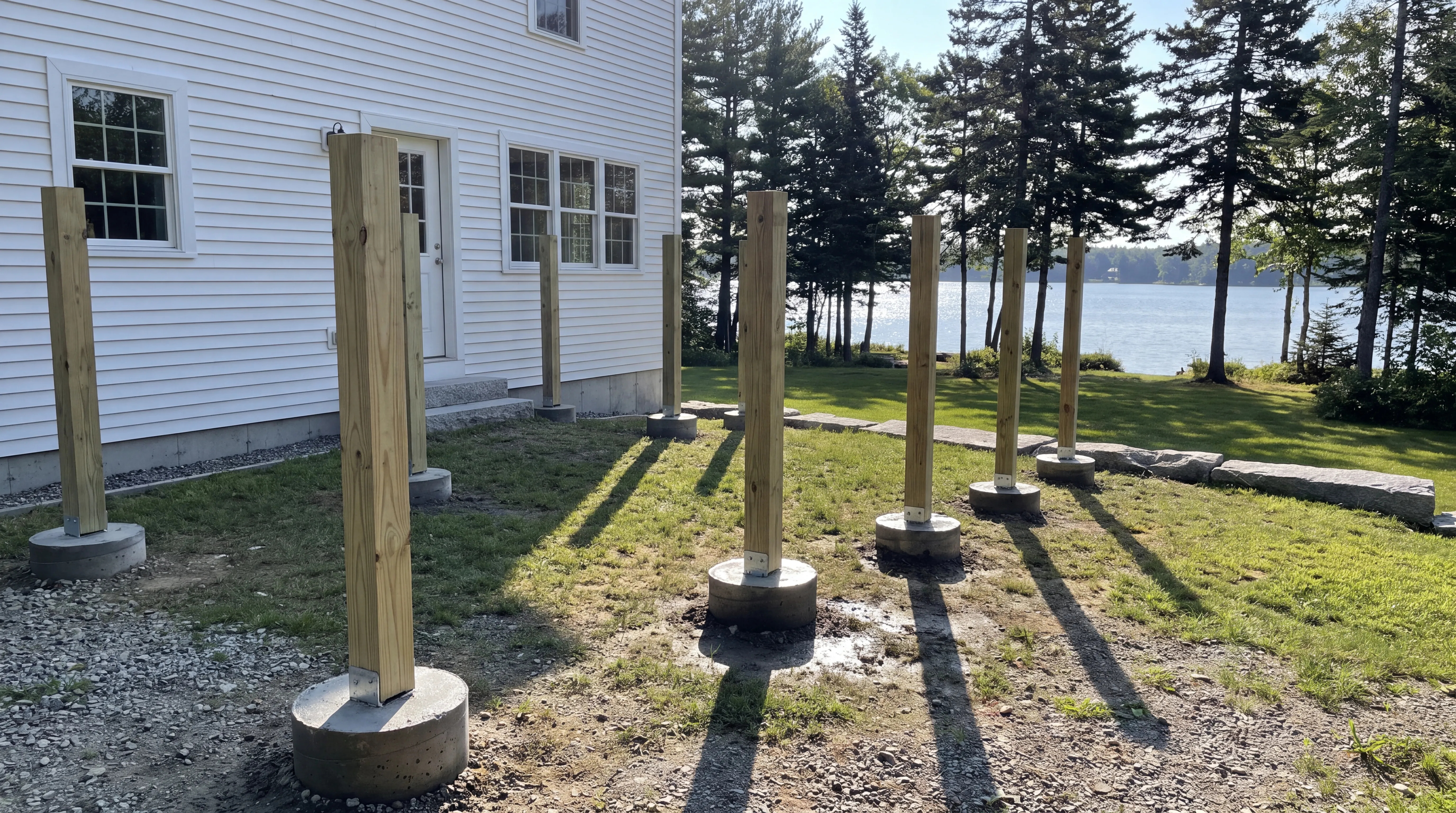 New deck posts in metal bases on round concrete piers beside a white house in Jefferson, Maine