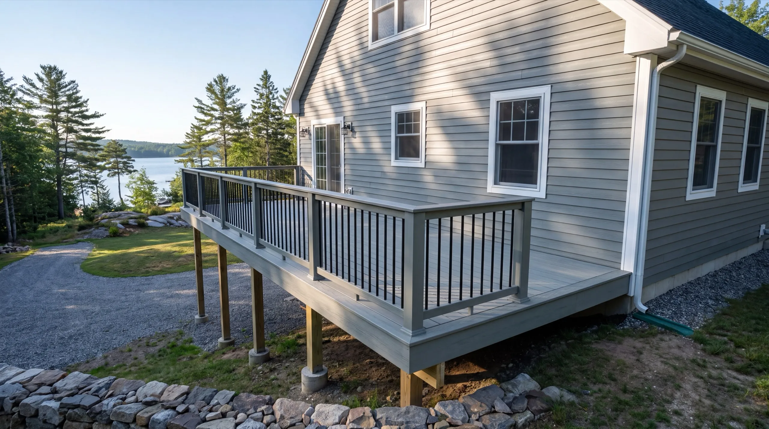 Deck contractor in Jefferson, ME: gray composite deck with black balusters on tall posts beside a gray house
