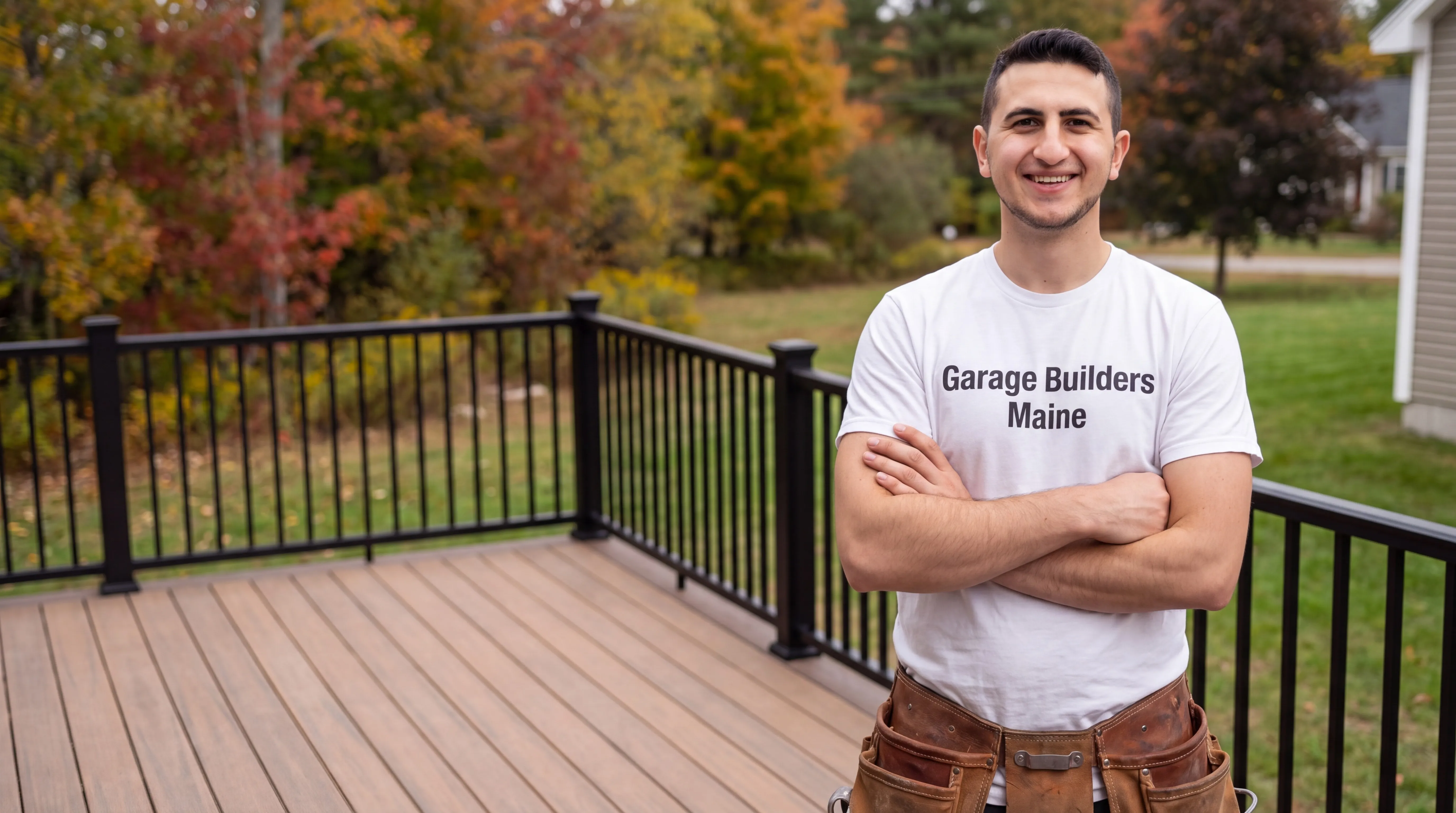 Deck contractor Jefferson Maine: owner with arms crossed on a tan composite deck with black railing