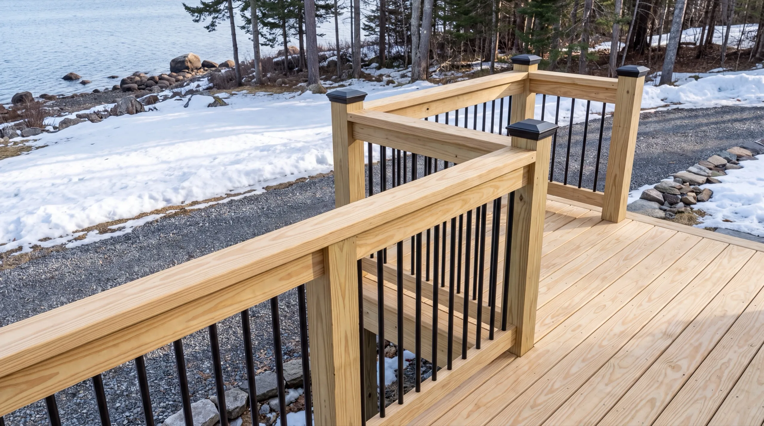 Deck builder Jefferson Maine: pressure-treated deck railing with black balusters and post caps above snow