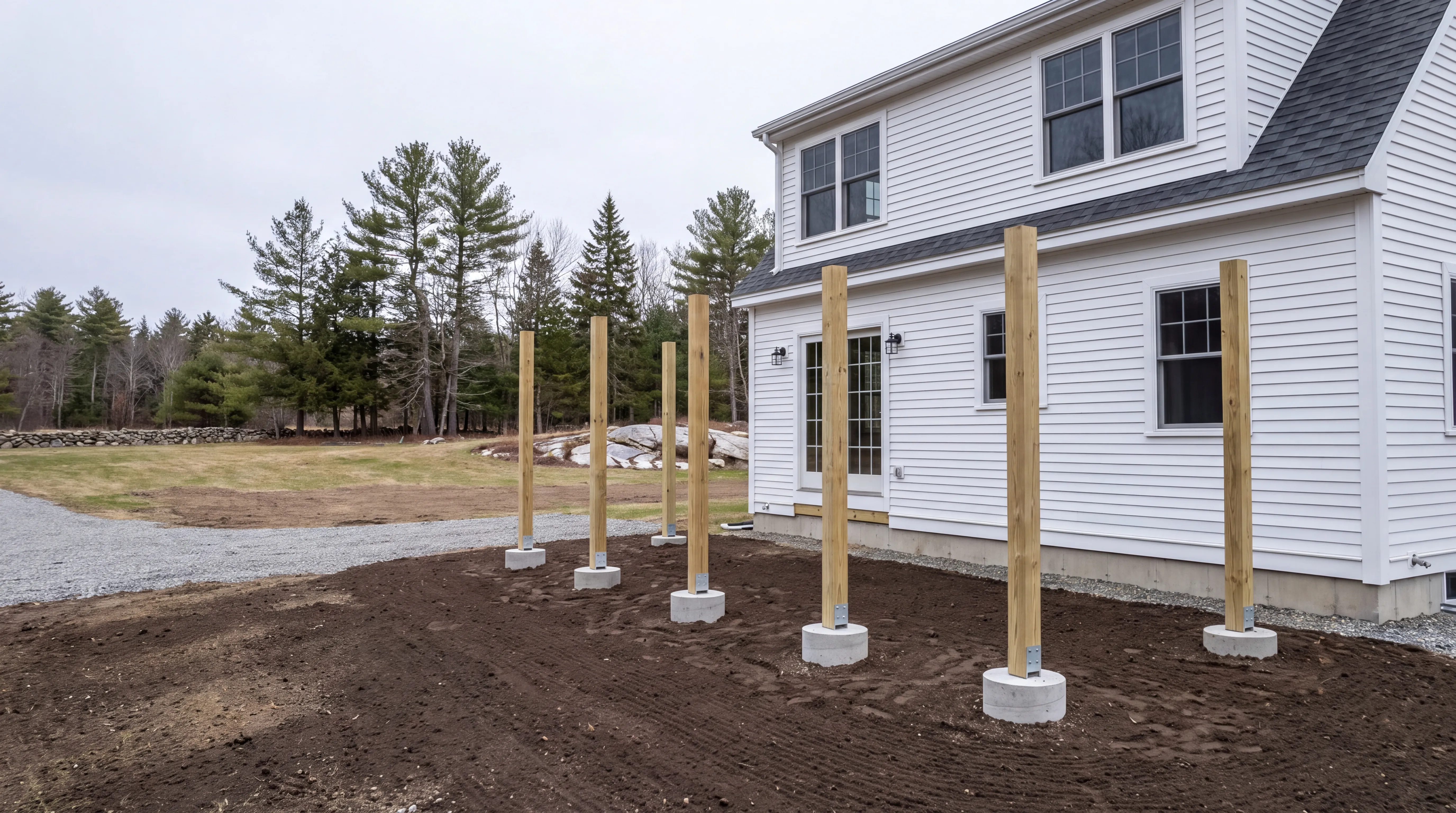 New deck posts set on concrete piers in fresh soil beside a white cape in Litchfield, Maine