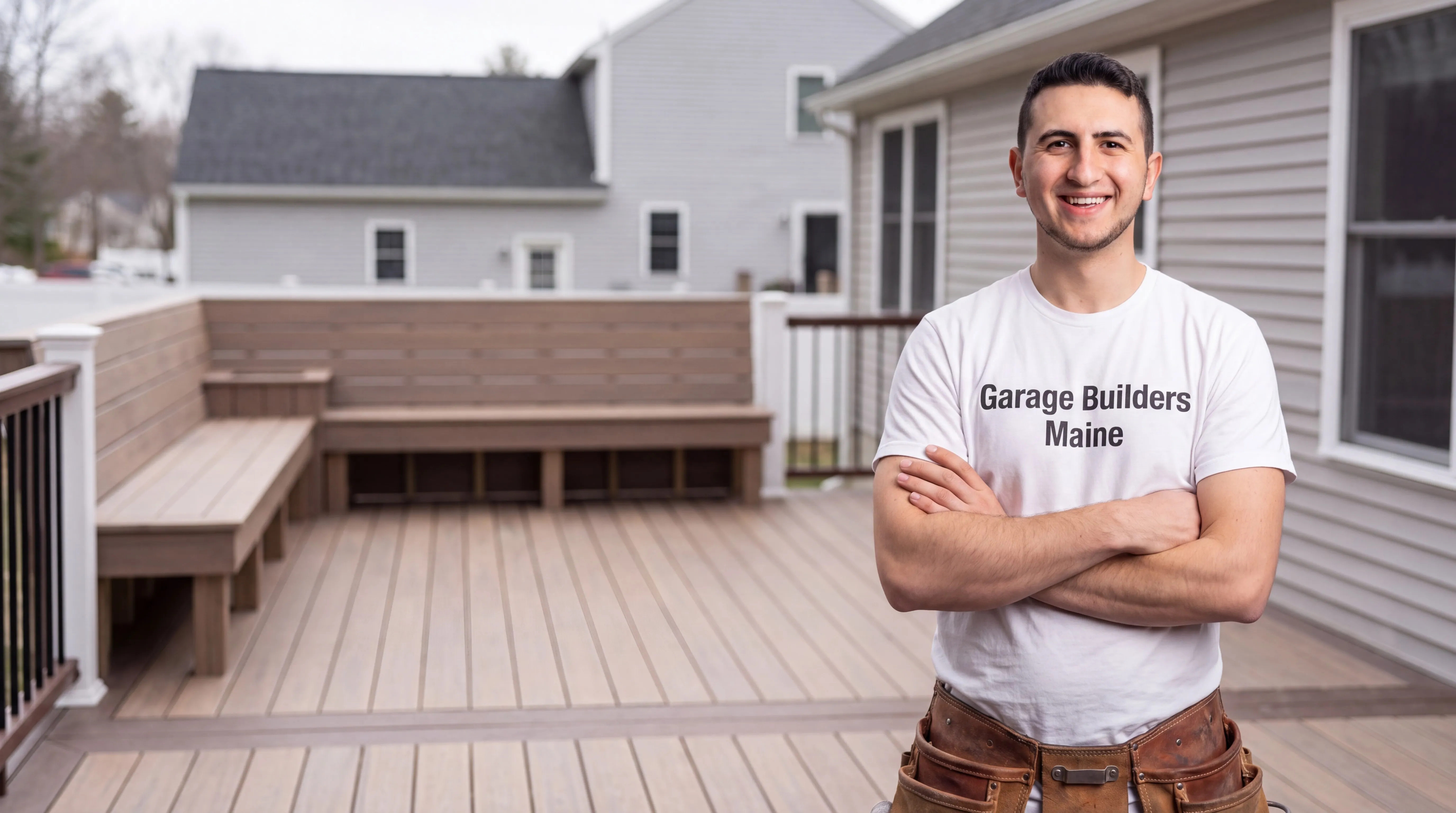 Deck contractor Litchfield Maine: owner with arms crossed on a composite deck with a built-in corner bench