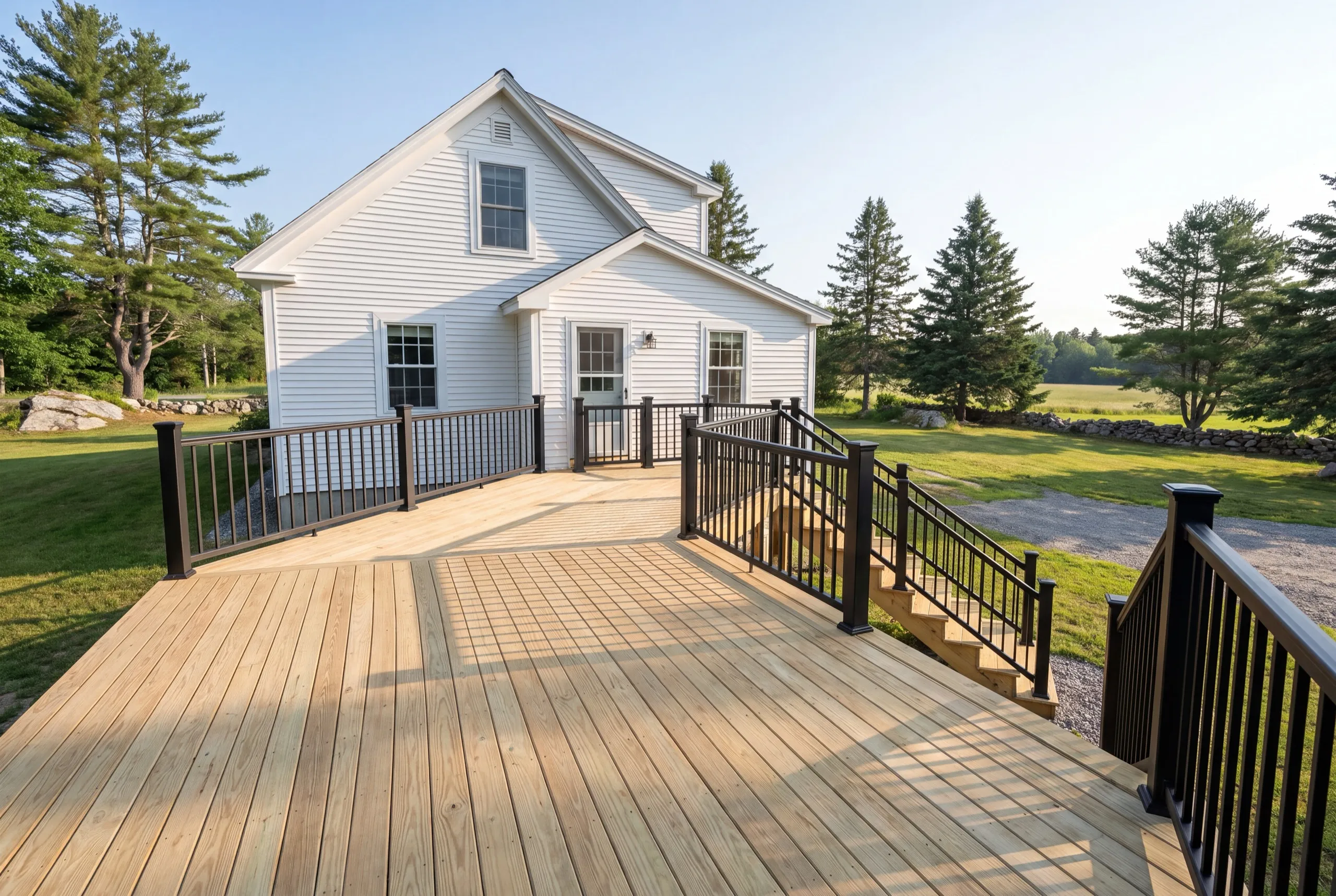 Deck contractor Litchfield Maine: new pressure-treated deck with black railings and stairs behind a white farmhouse