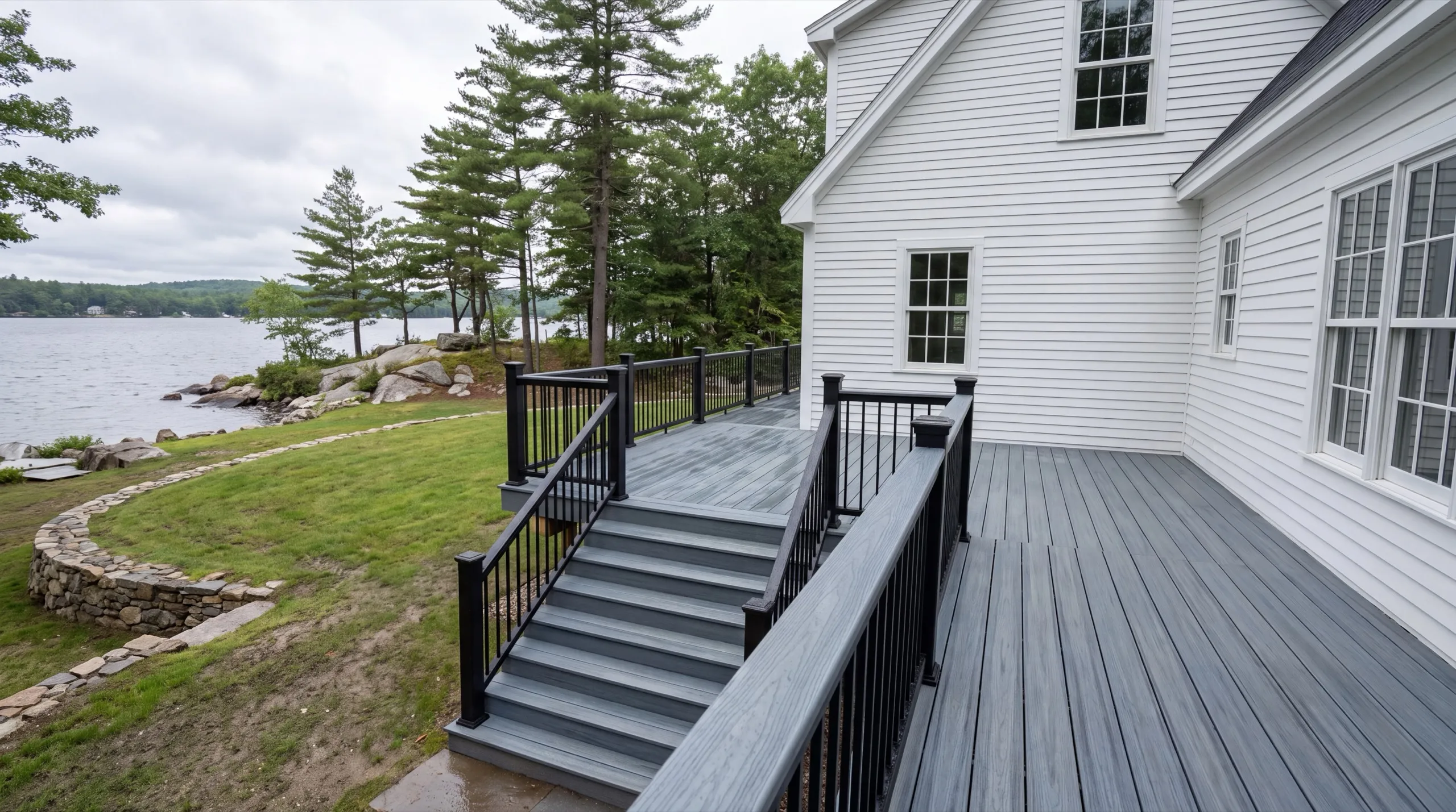 Deck contractor Manchester Maine: gray composite deck with black railings and stairs off a white house by water