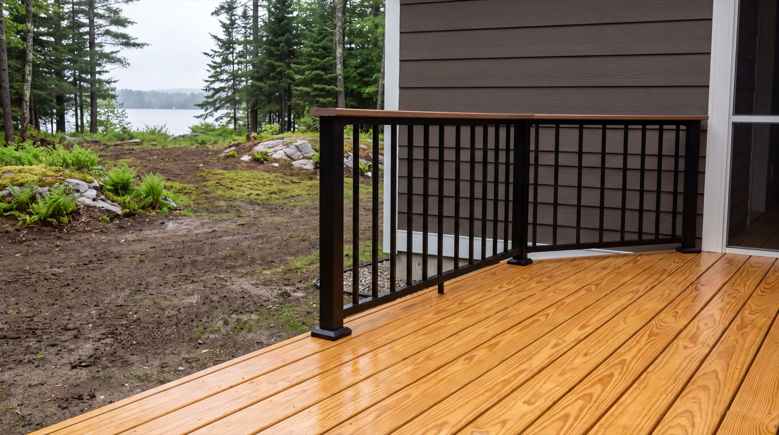 Deck contractor in Manchester, ME: new pressure-treated deck with a short black metal railing beside a brown-sided wall
