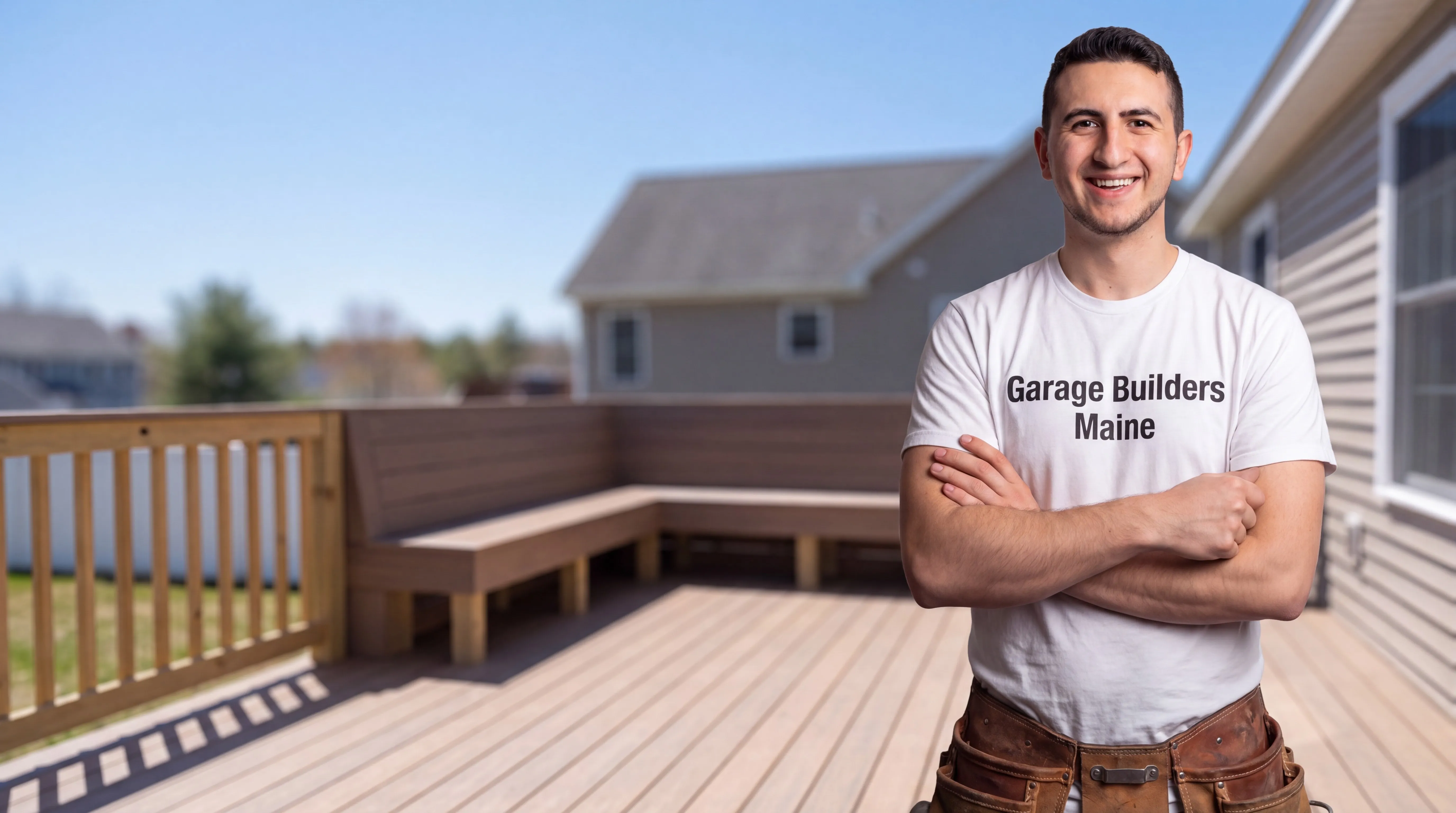 Deck contractor Manchester Maine: owner with arms crossed on a composite deck with a built-in corner bench