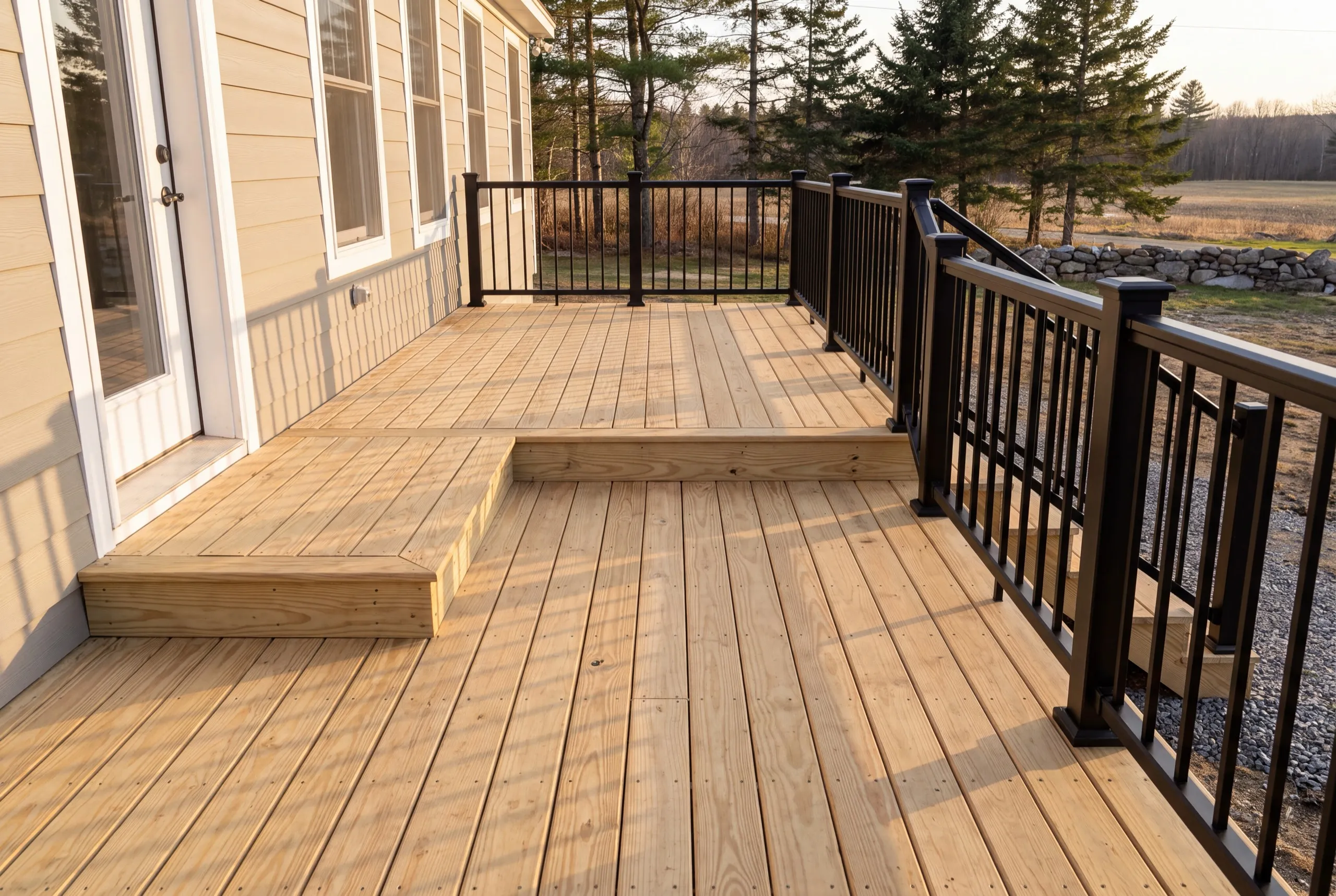 Deck builder Monmouth Maine: new pressure-treated deck with a raised step section by the door and black railings