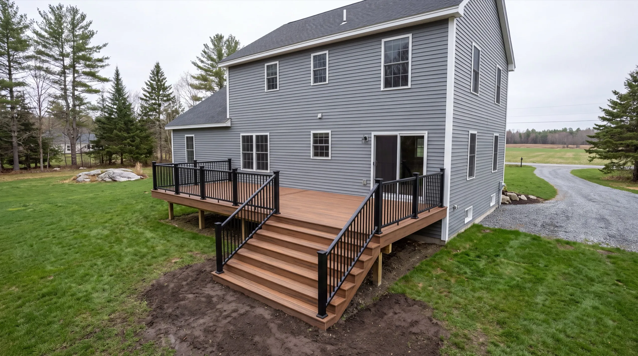 Deck contractor Monmouth Maine: brown composite deck with black railings and stairs behind a gray colonial