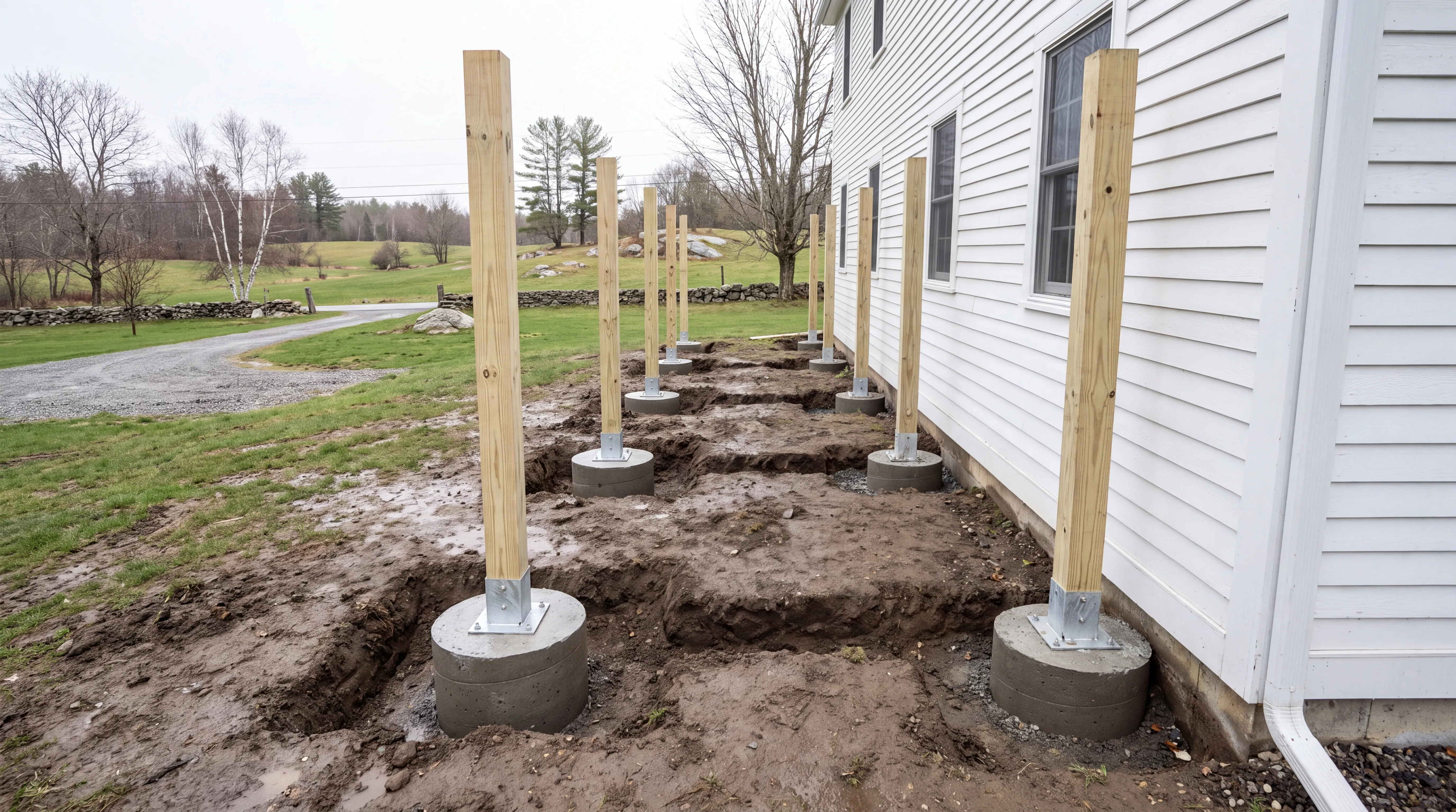 Wood deck posts set on round concrete footings along a white house in Monmouth, Maine