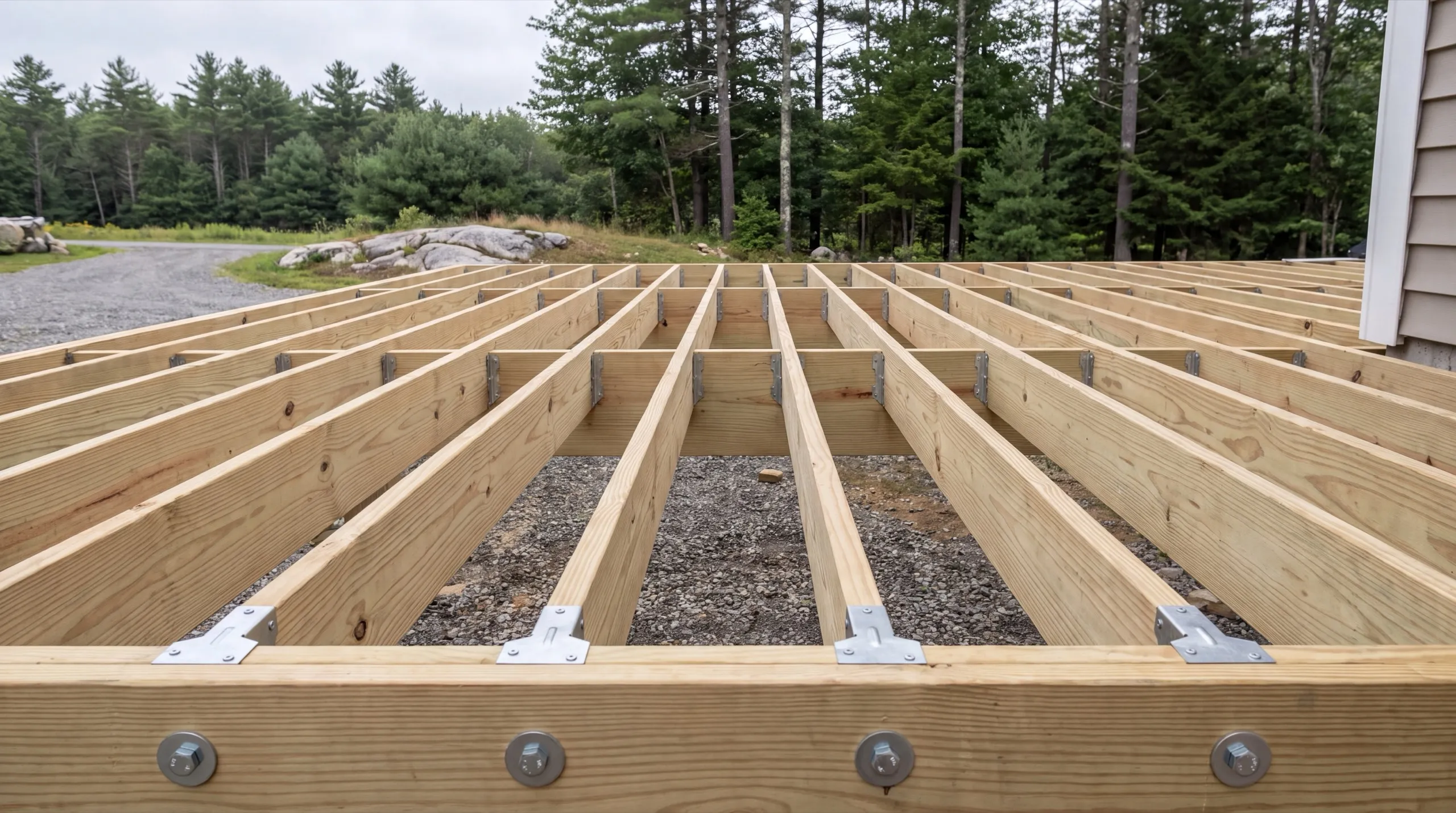 Deck builder Monmouth Maine: new deck framing with joists in metal hangers over a gravel bed