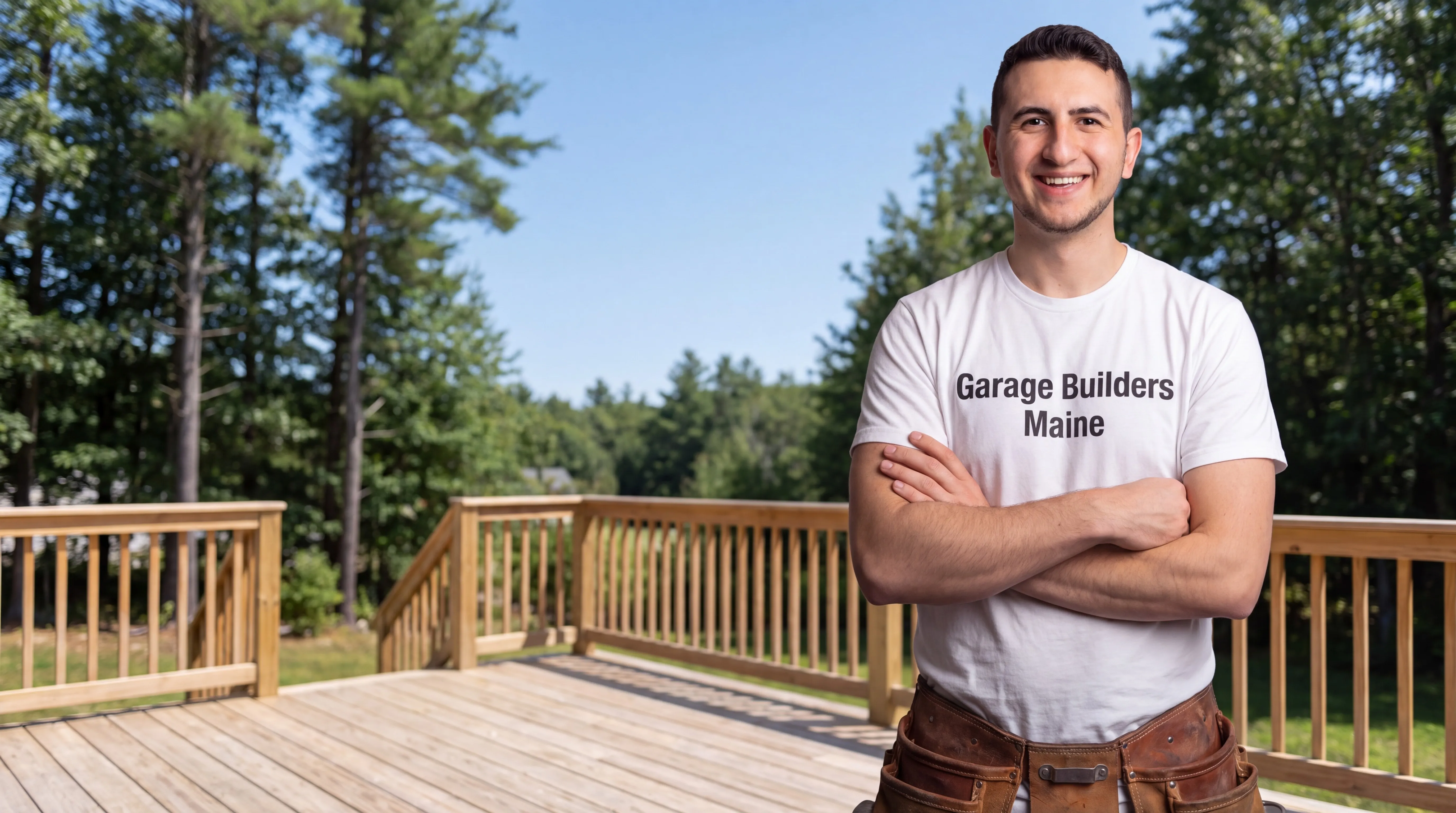 Deck contractor Monmouth Maine: owner with arms crossed on a pressure-treated deck with wood railings in pines