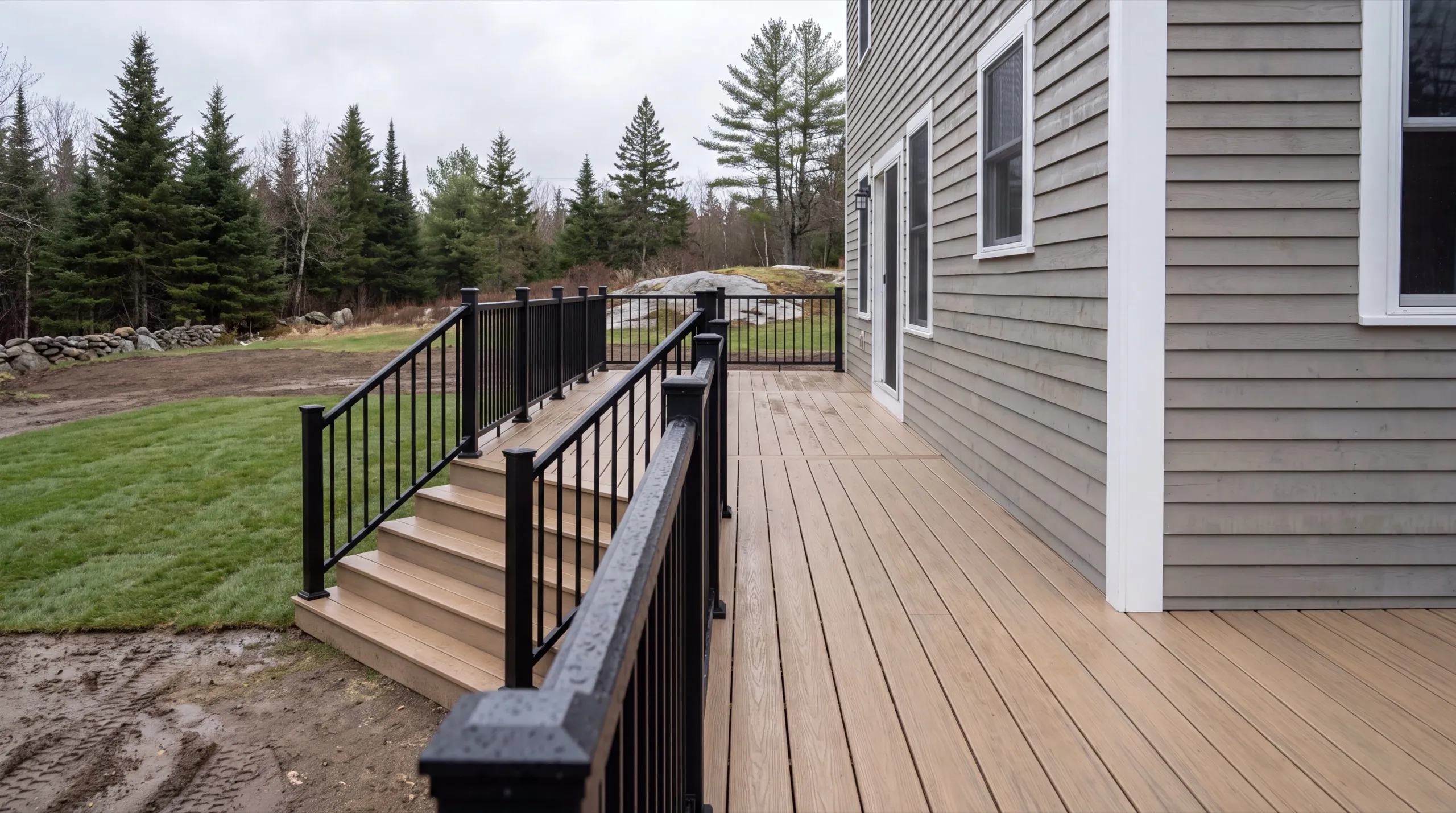 Deck contractor Pittston Maine: finished tan composite deck with black railing and stairs on a gray house
