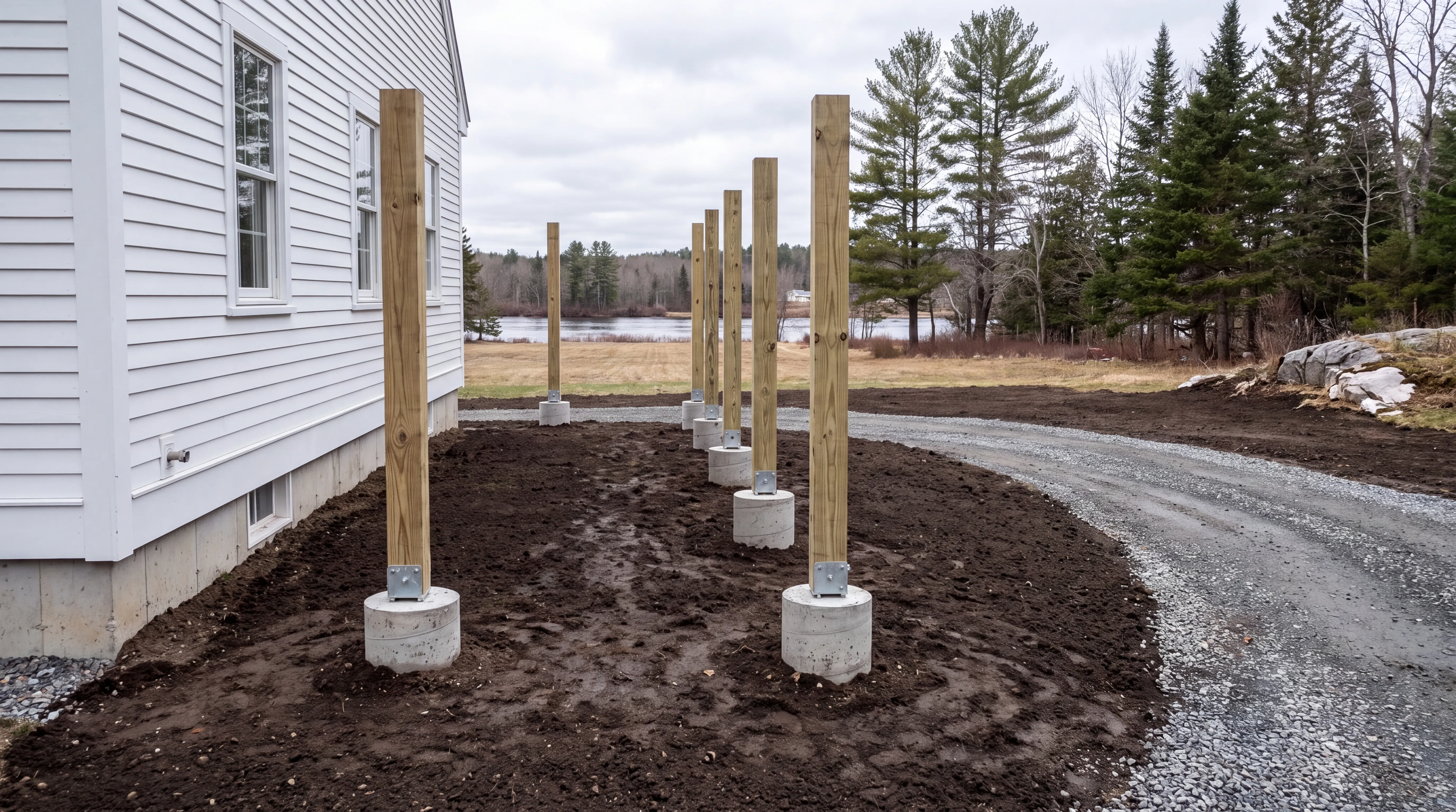 Wood deck posts on concrete footings in fresh soil beside a white house in Pittston, Maine