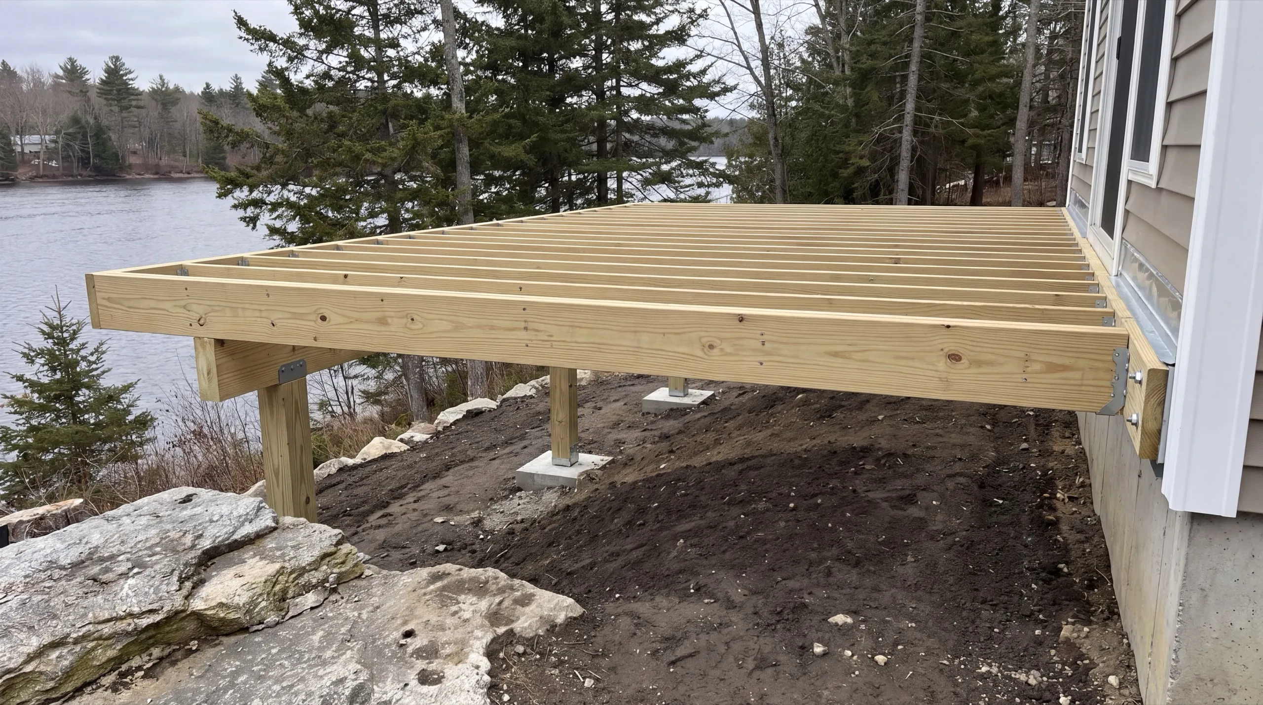 Deck builder Pittston Maine: new deck framing on wood posts and concrete footings beside a tan house