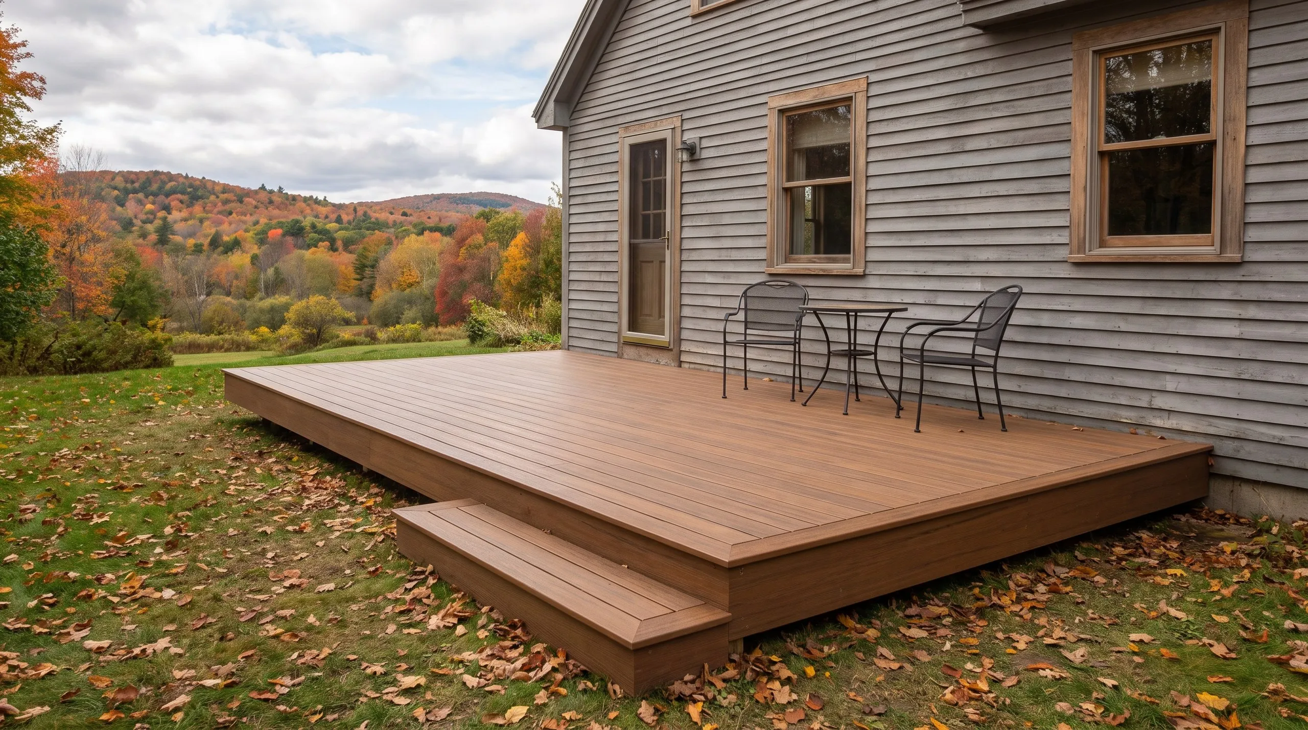 Deck contractor in Pittston, ME: low ground-level brown composite deck with one wide step and a bistro set beside a gray house