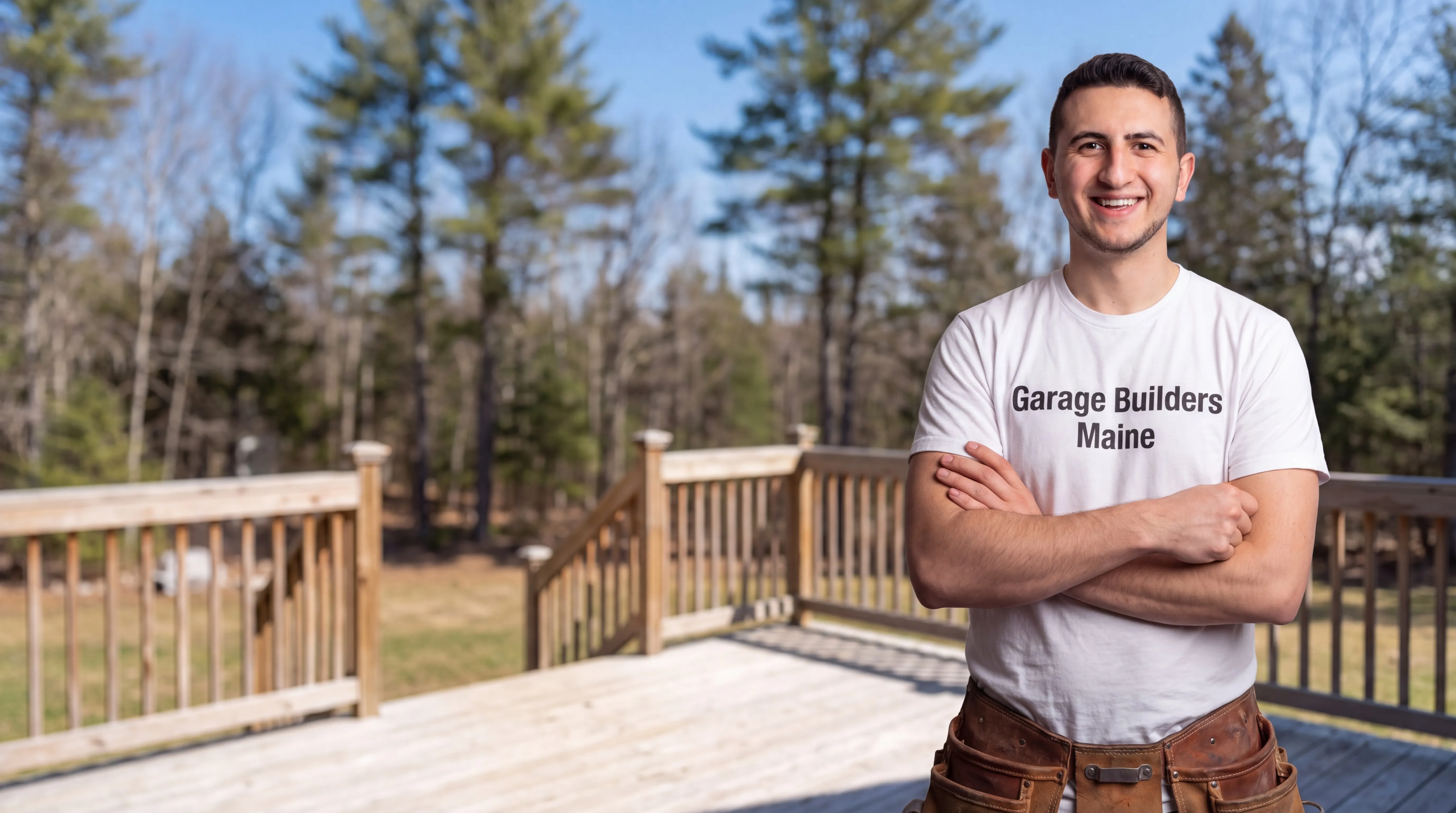 Deck contractor Pittston Maine: owner with arms crossed on a pressure-treated deck with wood railings in pines