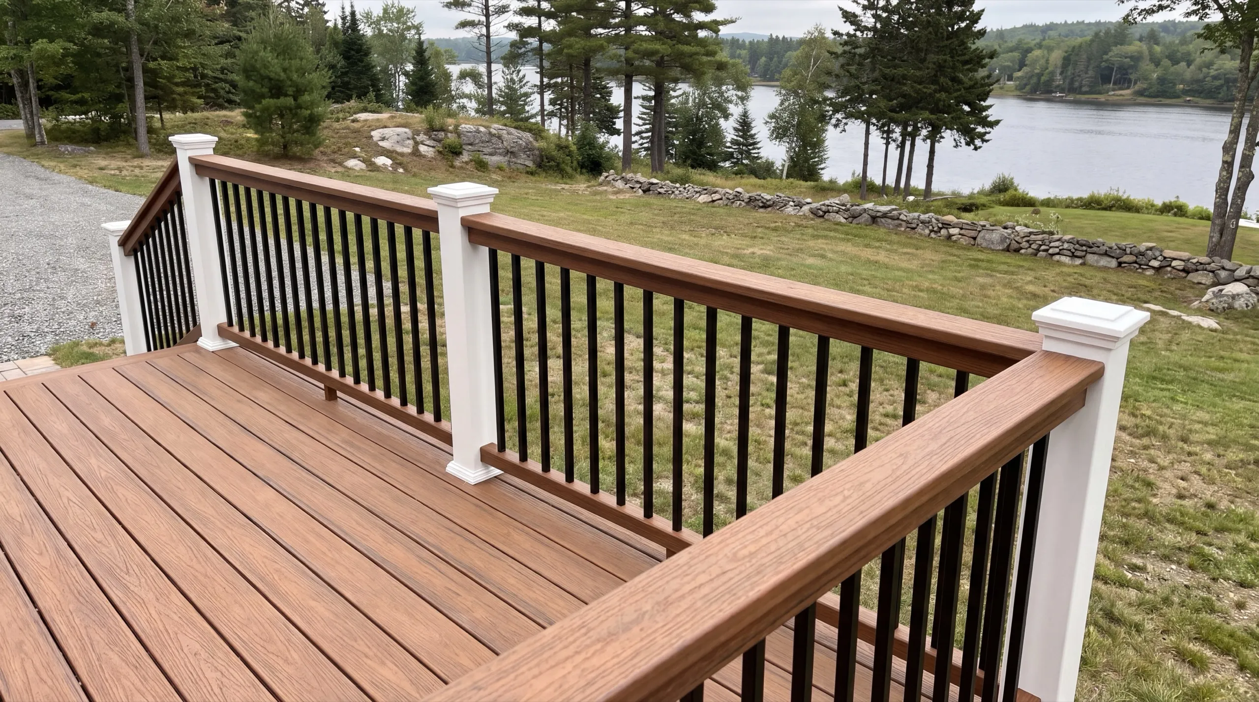 Deck builder Pittston Maine: finished composite deck railing with white posts and black balusters by a lake