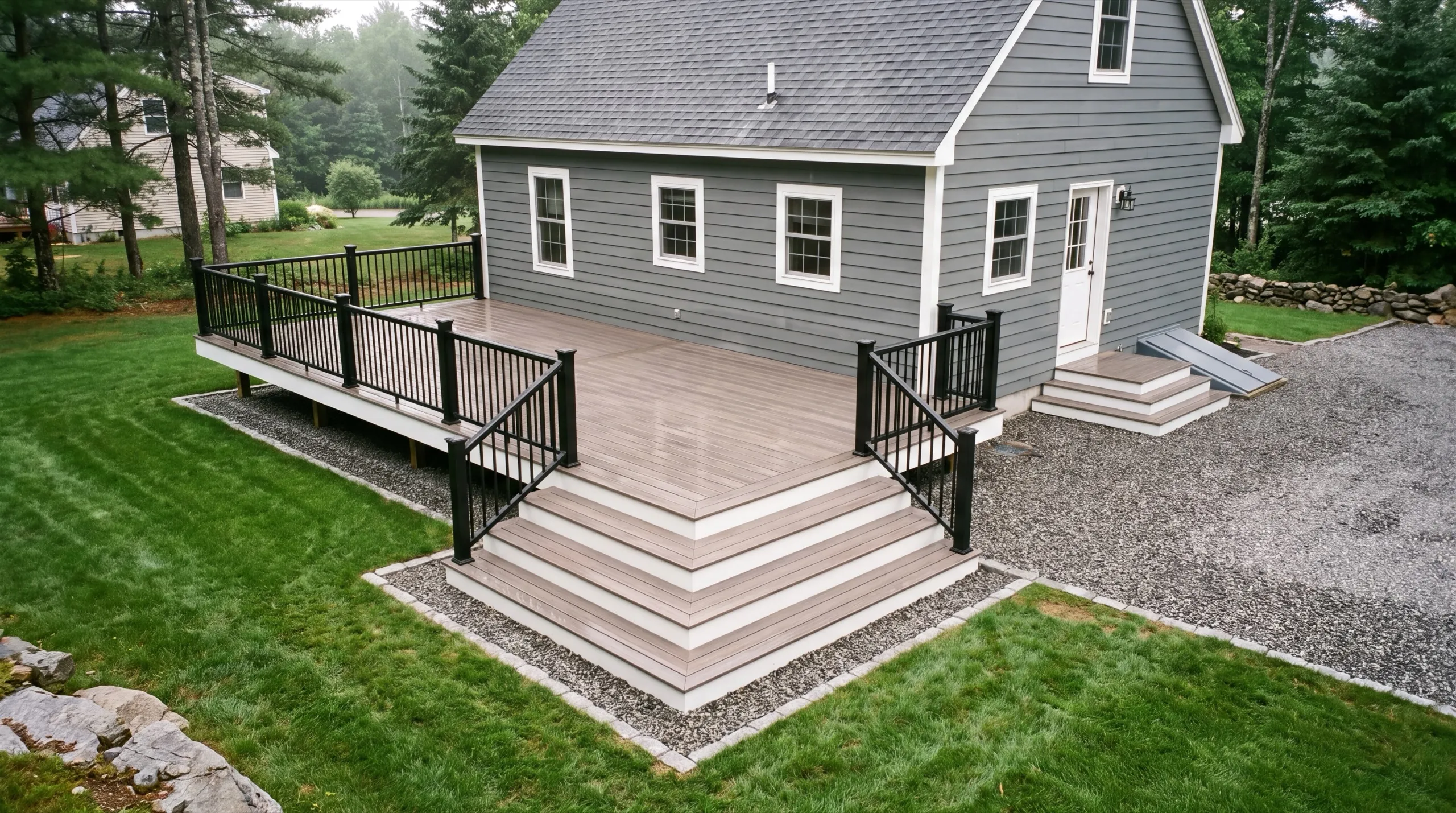 Deck contractor Randolph Maine: finished gray composite deck with black railing and wide stairs on a gray cape