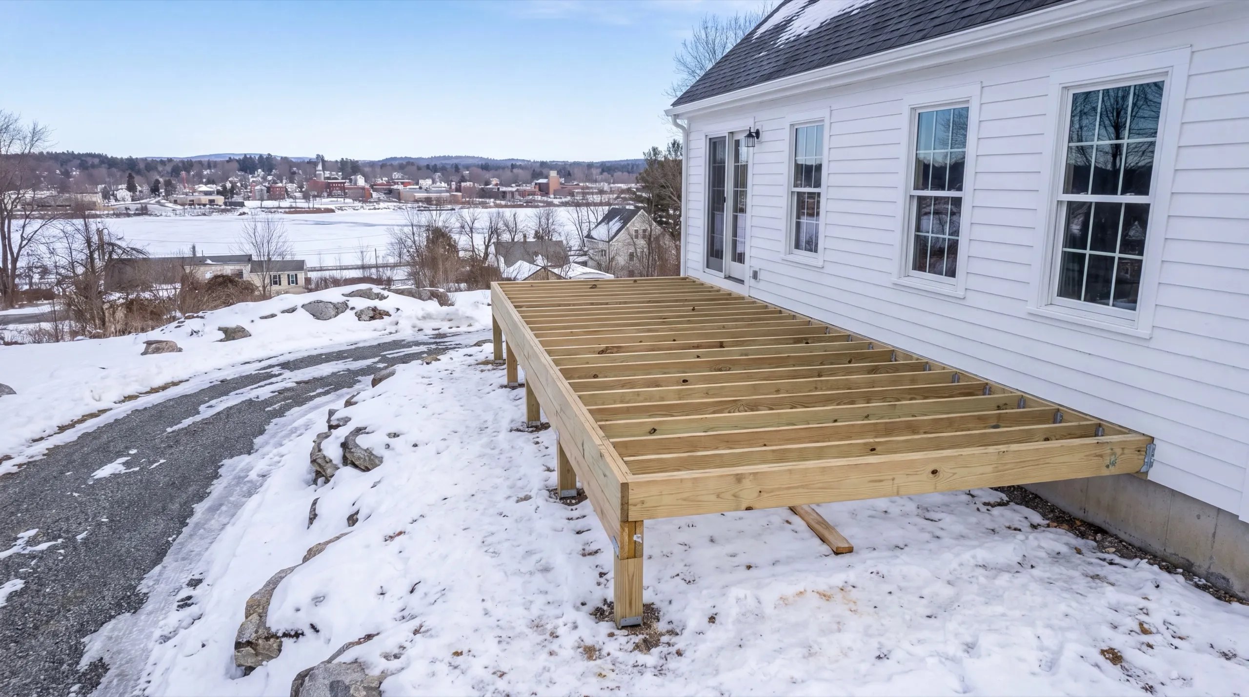 Deck builder Randolph Maine: new deck framing on wood posts beside a white house in snow