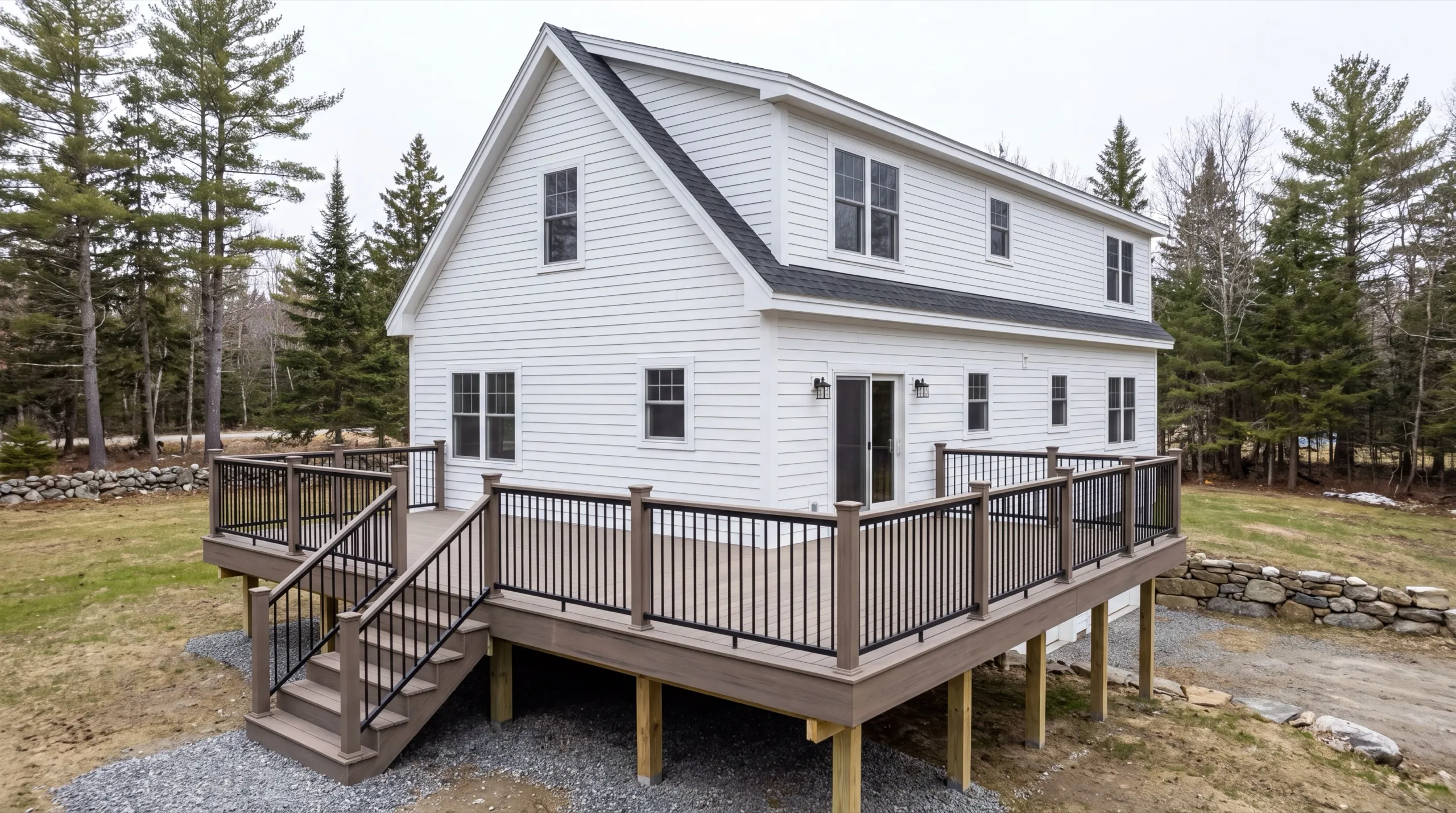 Deck contractor in Randolph, ME: finished brown composite deck with black railing and stairs on a white cape