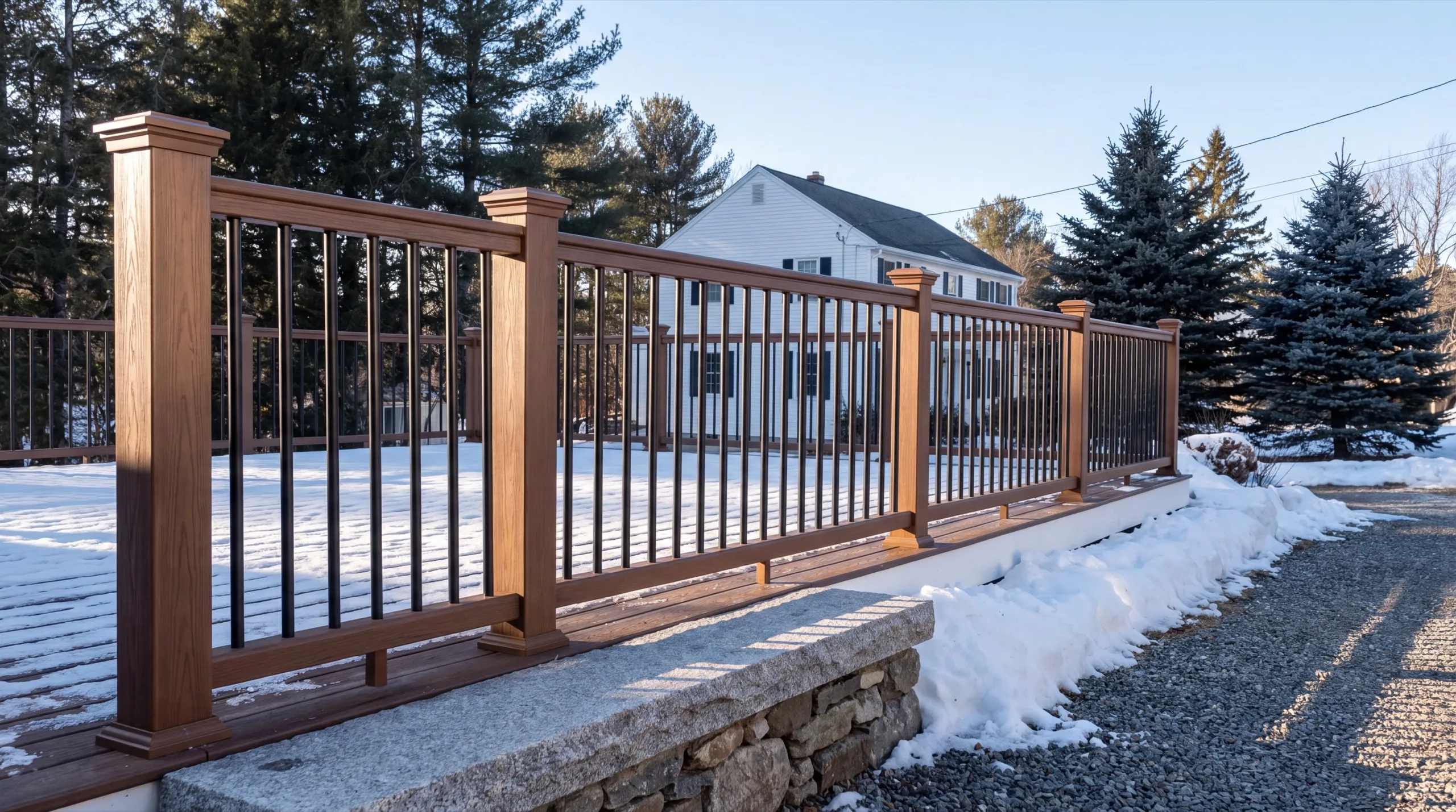 Deck builder Randolph Maine: finished brown composite deck railing with black balusters on a snowy deck