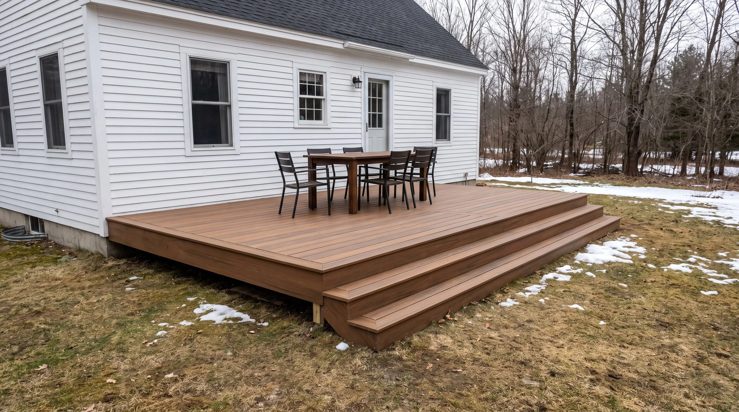 Deck contractor in Richmond, ME: low ground-level brown deck with wide steps and a dining set behind a white cape
