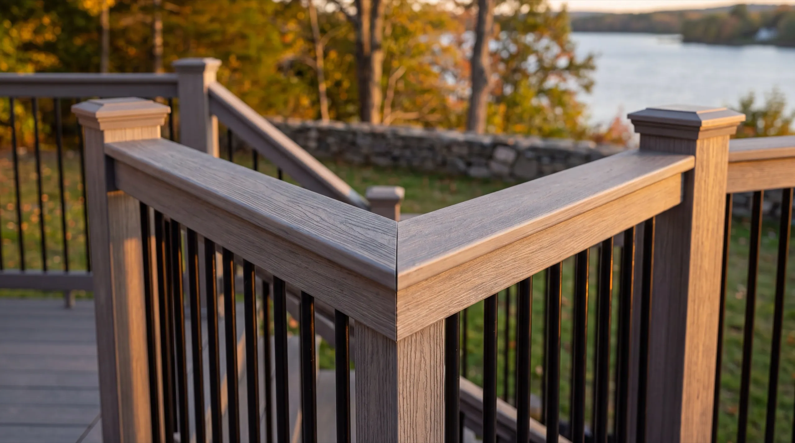 Deck builder Richmond Maine: close view of a finished composite railing corner with black balusters