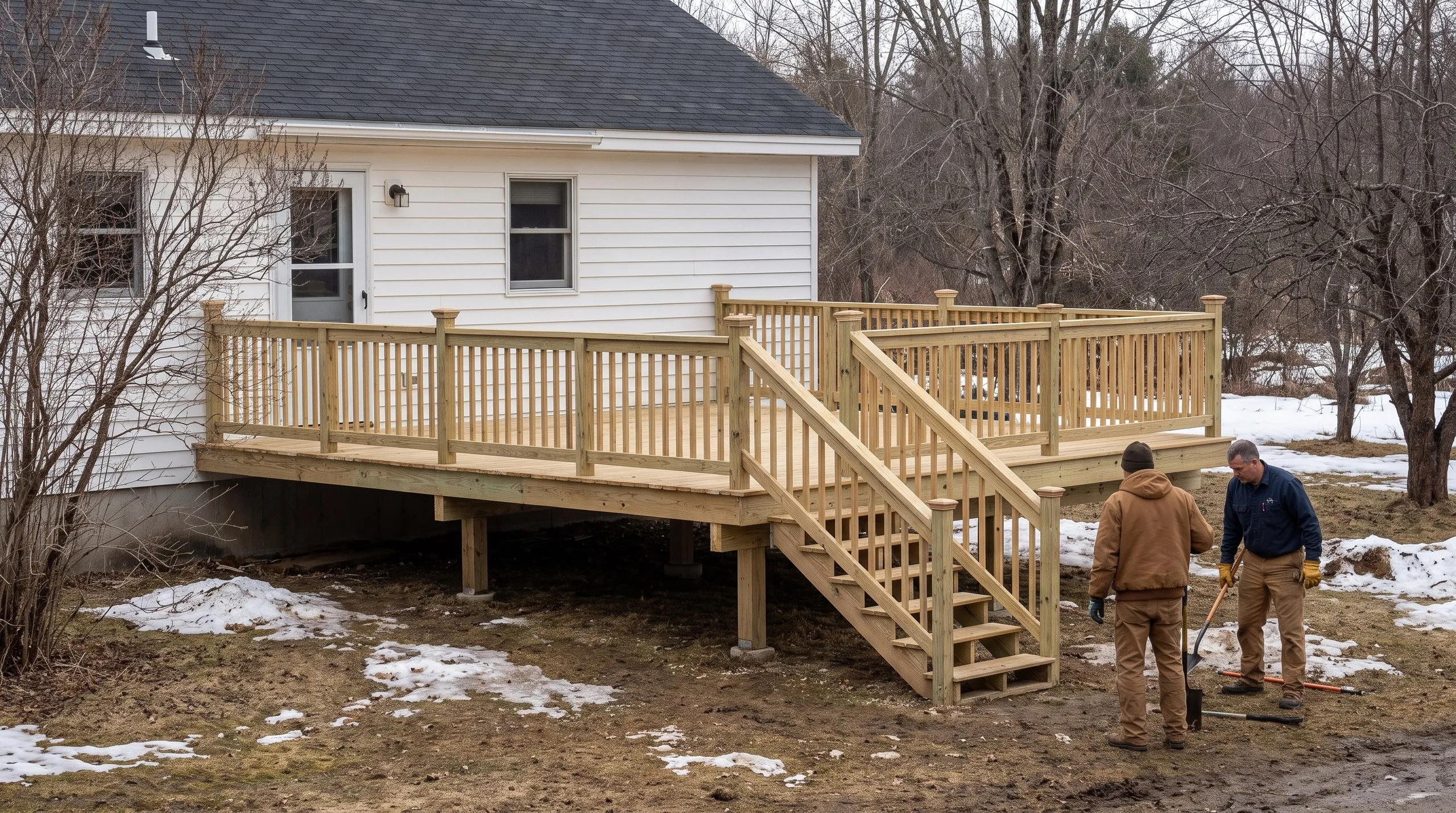 Deck contractor in Sidney, ME: new pressure-treated deck with railings and railed stairs on a white house, two workers with shovels