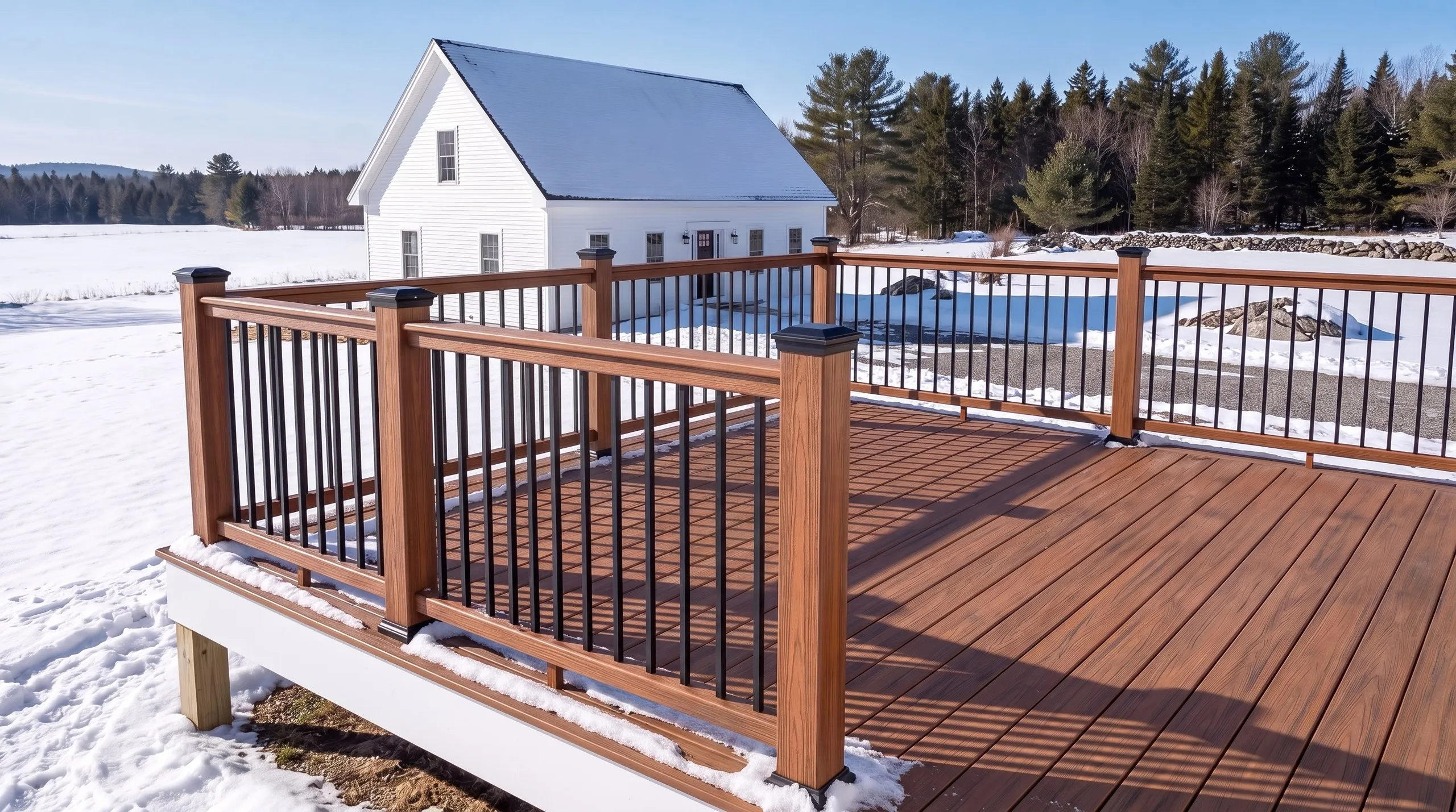 Deck builder Sidney Maine: brown composite deck railing with black balusters on a raised deck in snow, white farmhouse beyond