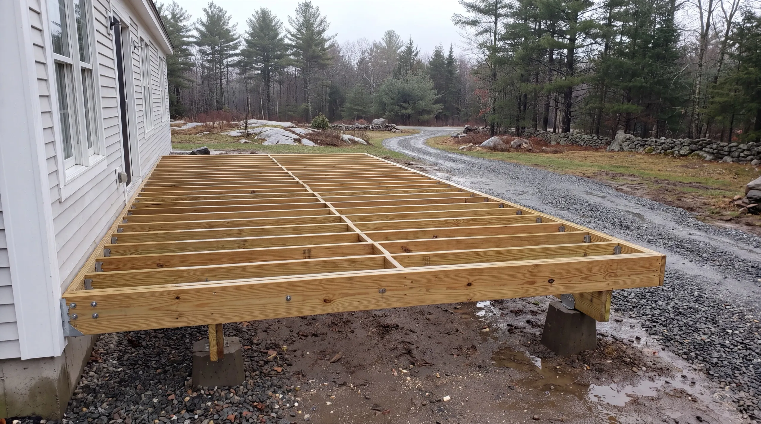 Deck builder Vassalboro Maine: new deck framing with joists in hangers on concrete blocks beside a white house