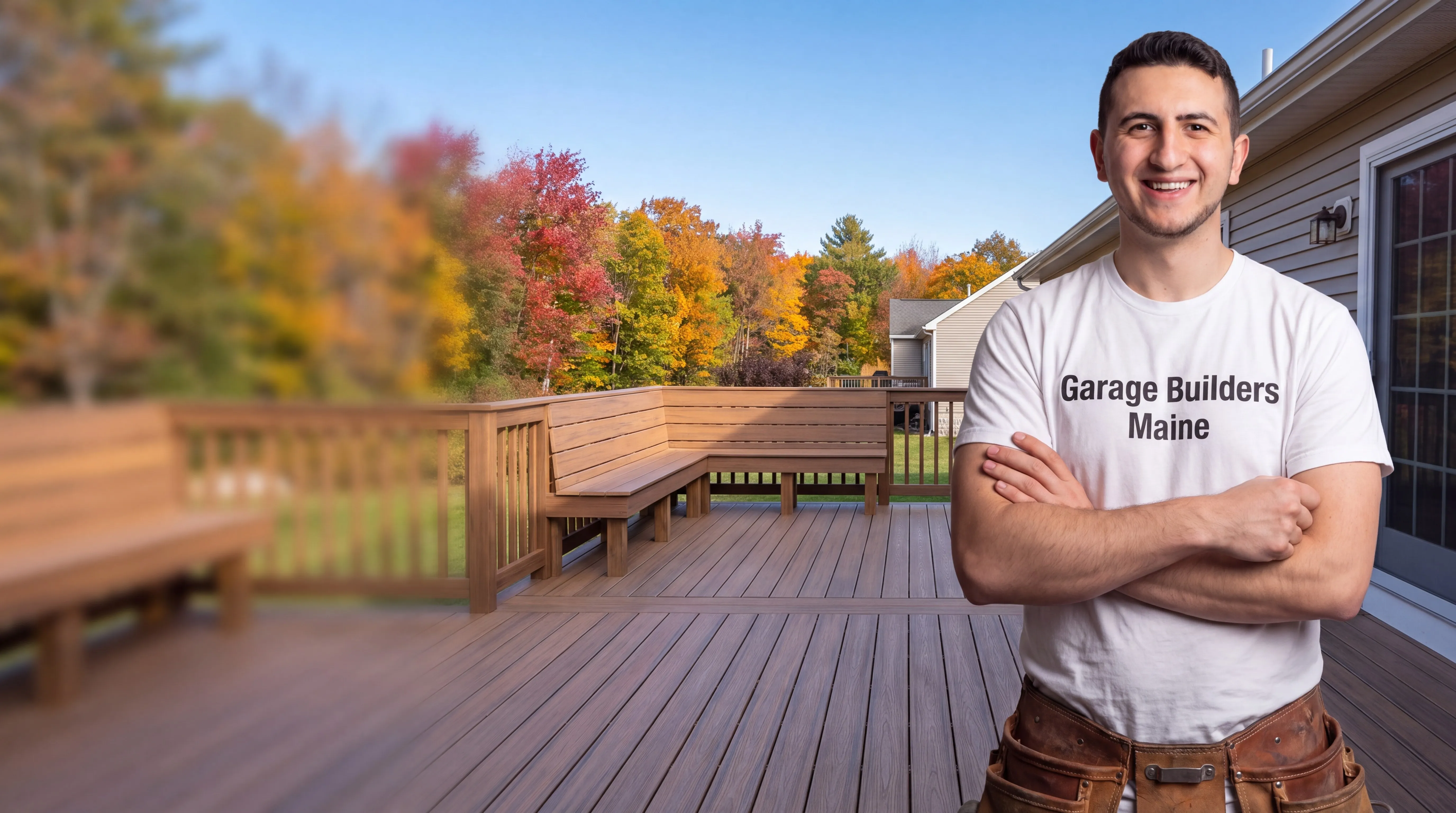 Deck contractor Vassalboro Maine: owner with arms crossed on a brown composite deck with built-in benches