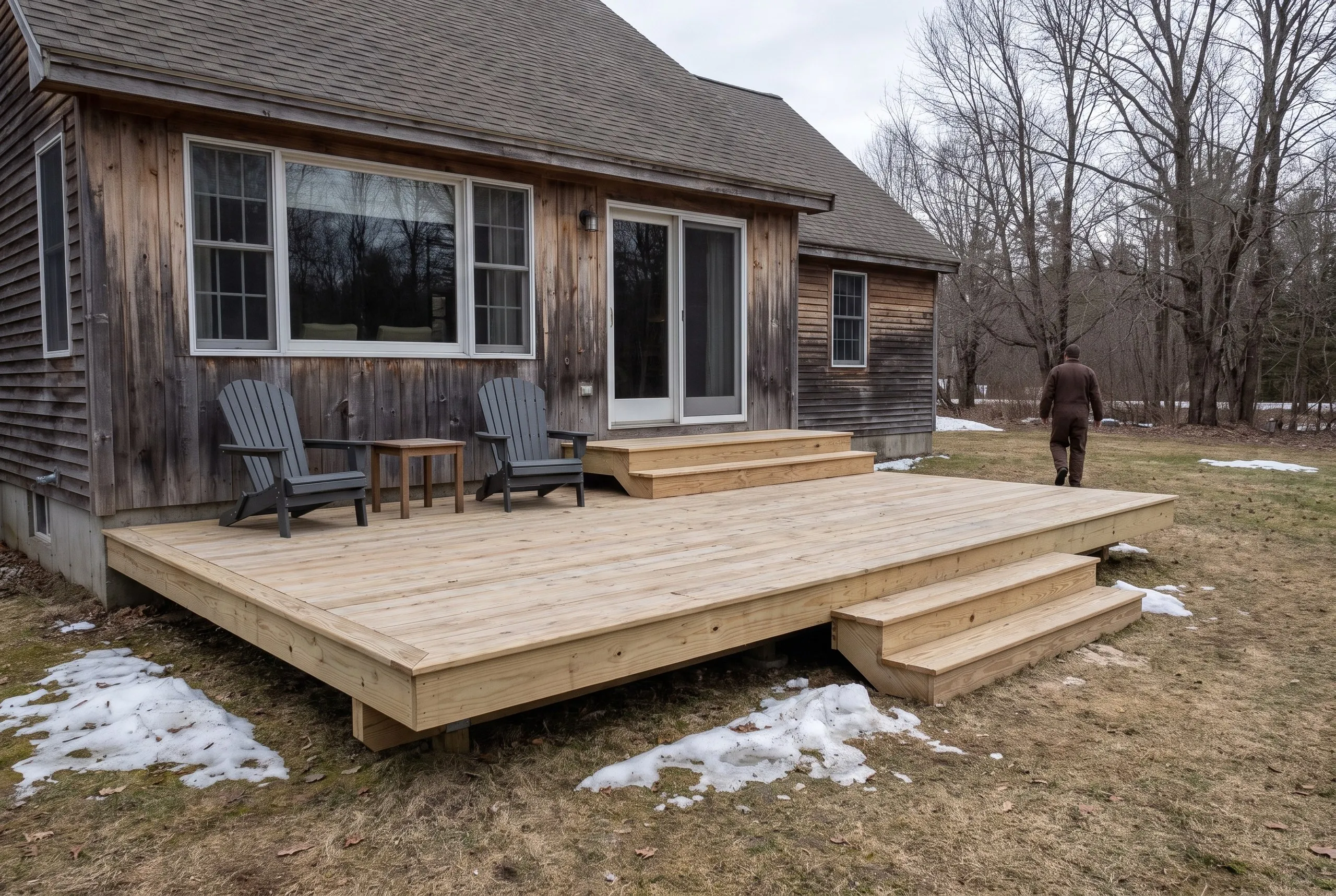 Deck contractor Vassalboro Maine: low ground-level two-level wood deck with a raised landing at the slider and steps to the lawn