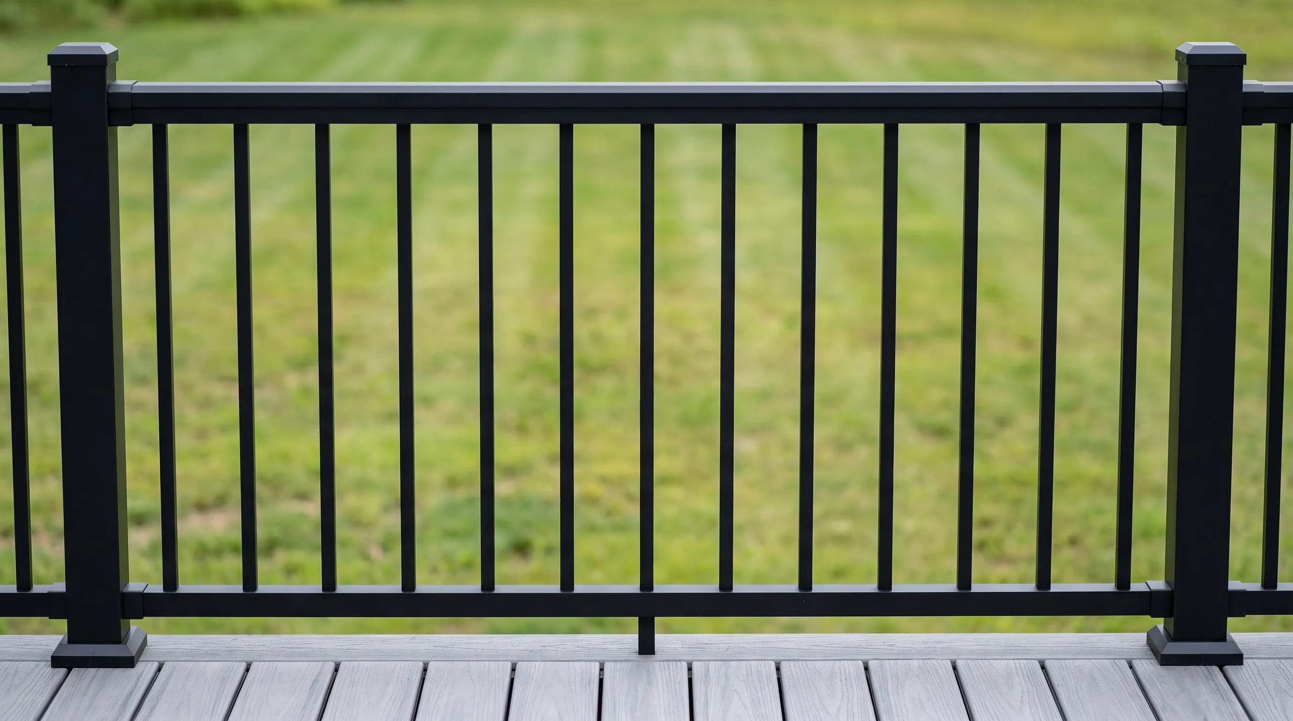Deck builder Vassalboro Maine: close view of one new black aluminum railing section with closely spaced balusters on gray composite decking