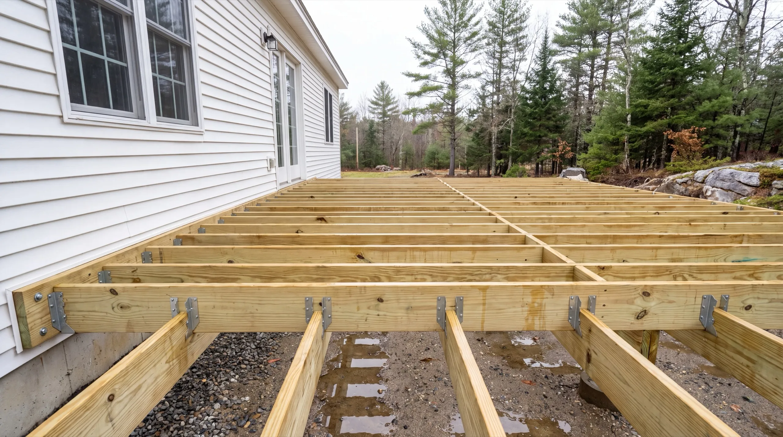 Deck builder West Gardiner Maine: new deck framing with joists in metal hangers beside a white house
