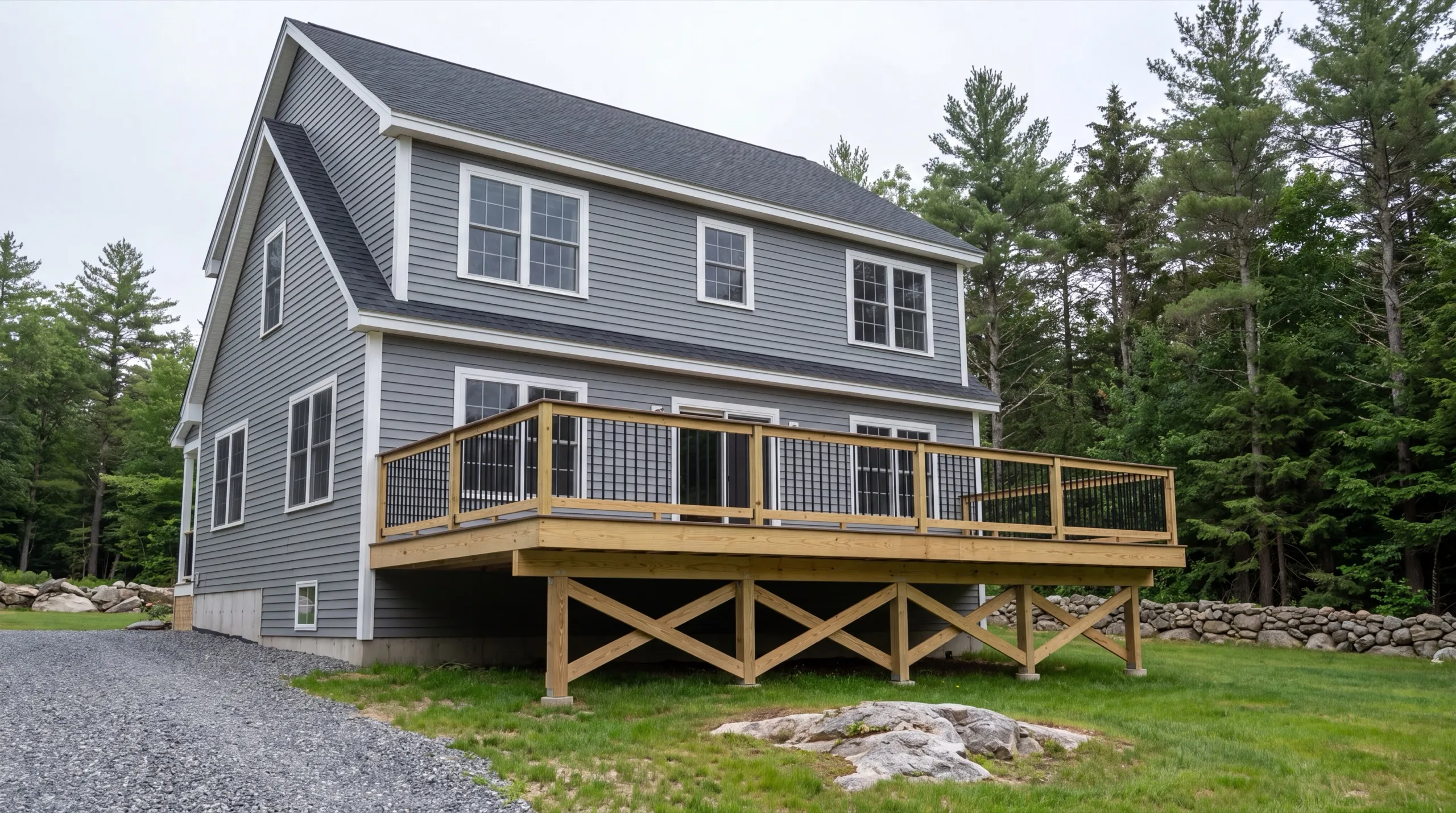 Deck contractor in West Gardiner, ME: raised pressure-treated deck with cross-braced posts on a gray house