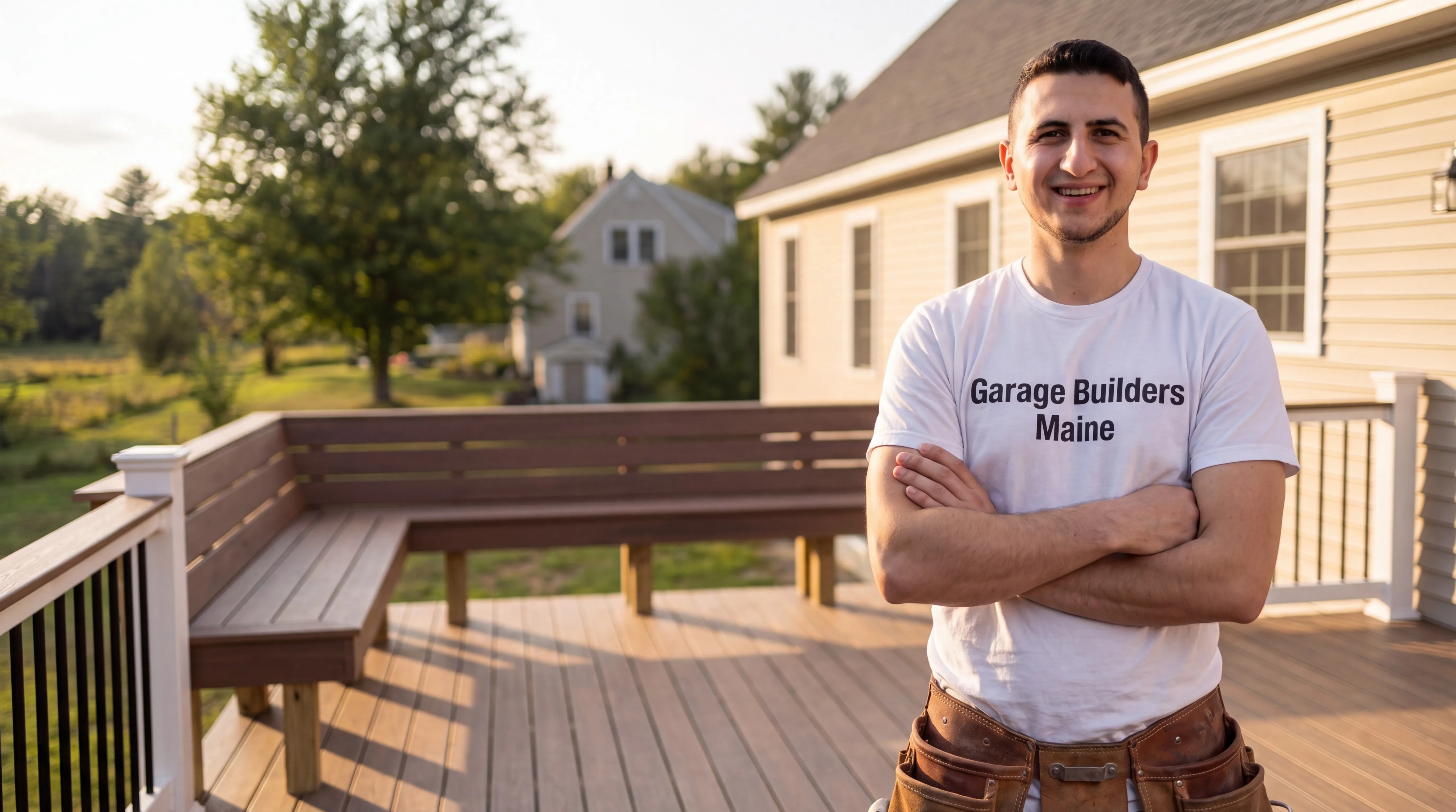 Deck contractor West Gardiner Maine: owner with arms crossed on a composite deck with a built-in bench