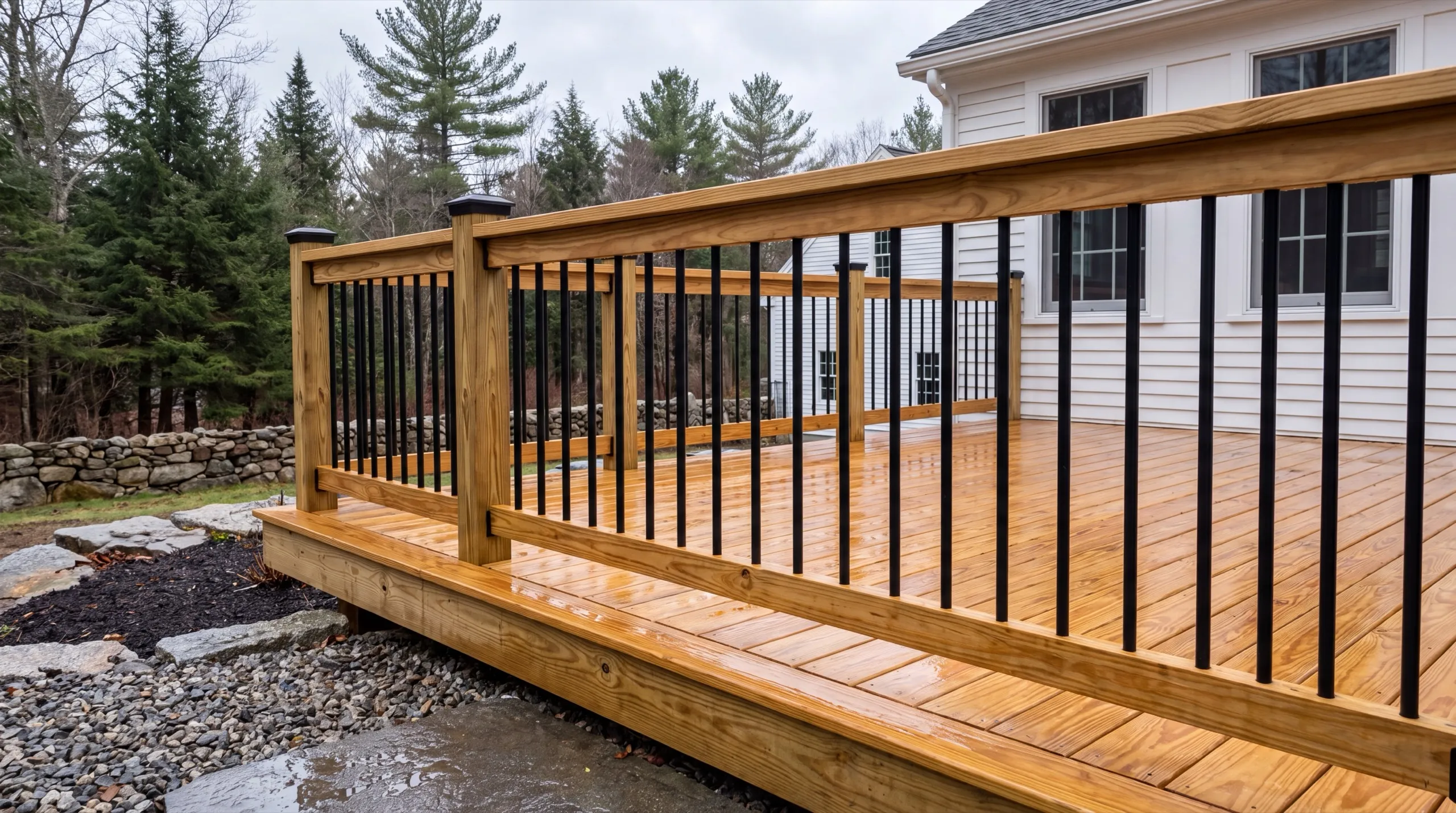 Deck builder West Gardiner Maine: finished pressure-treated deck railing with black metal balusters