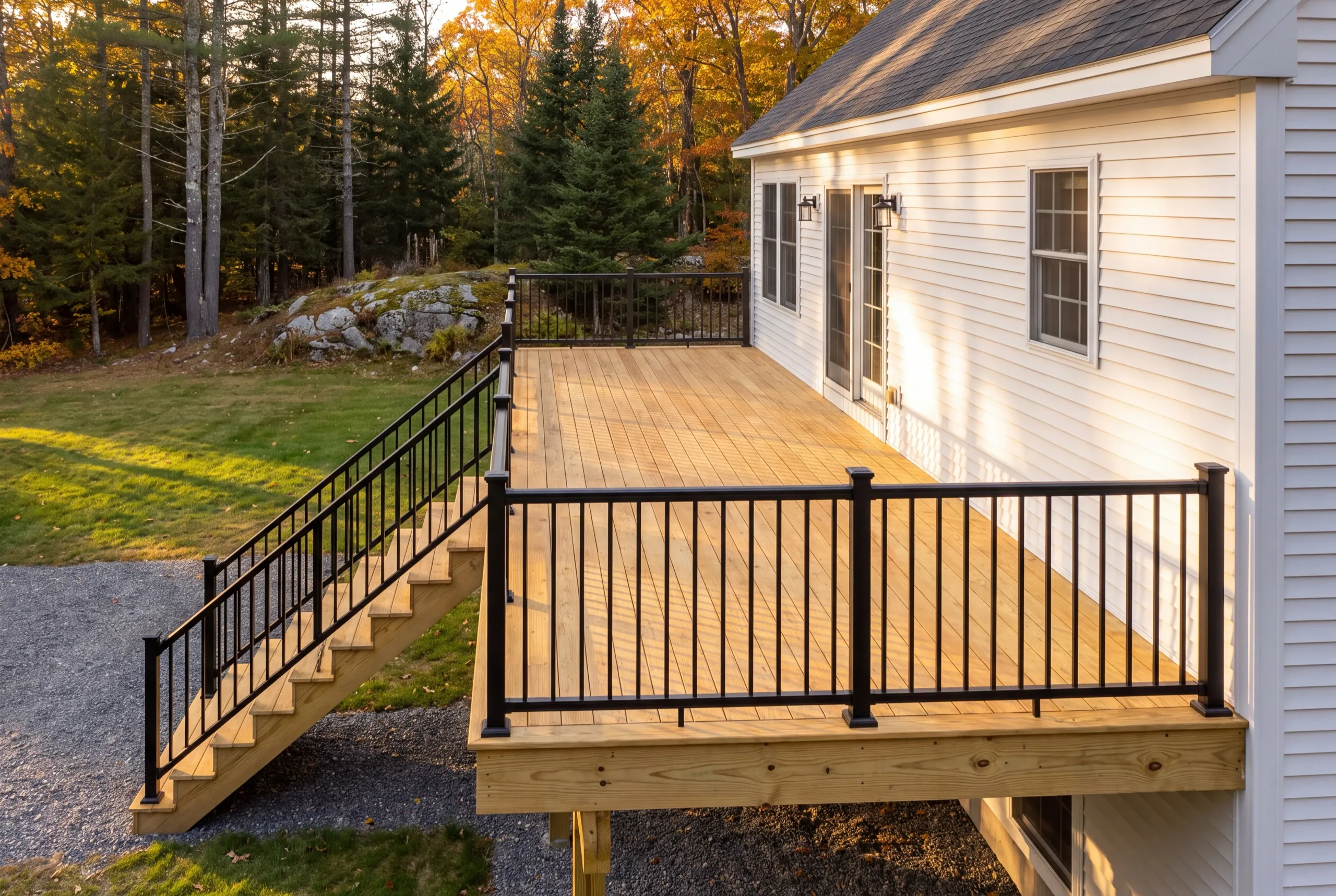 Deck builder West Gardiner Maine: raised pressure-treated deck with black railing and a long stair on a white house