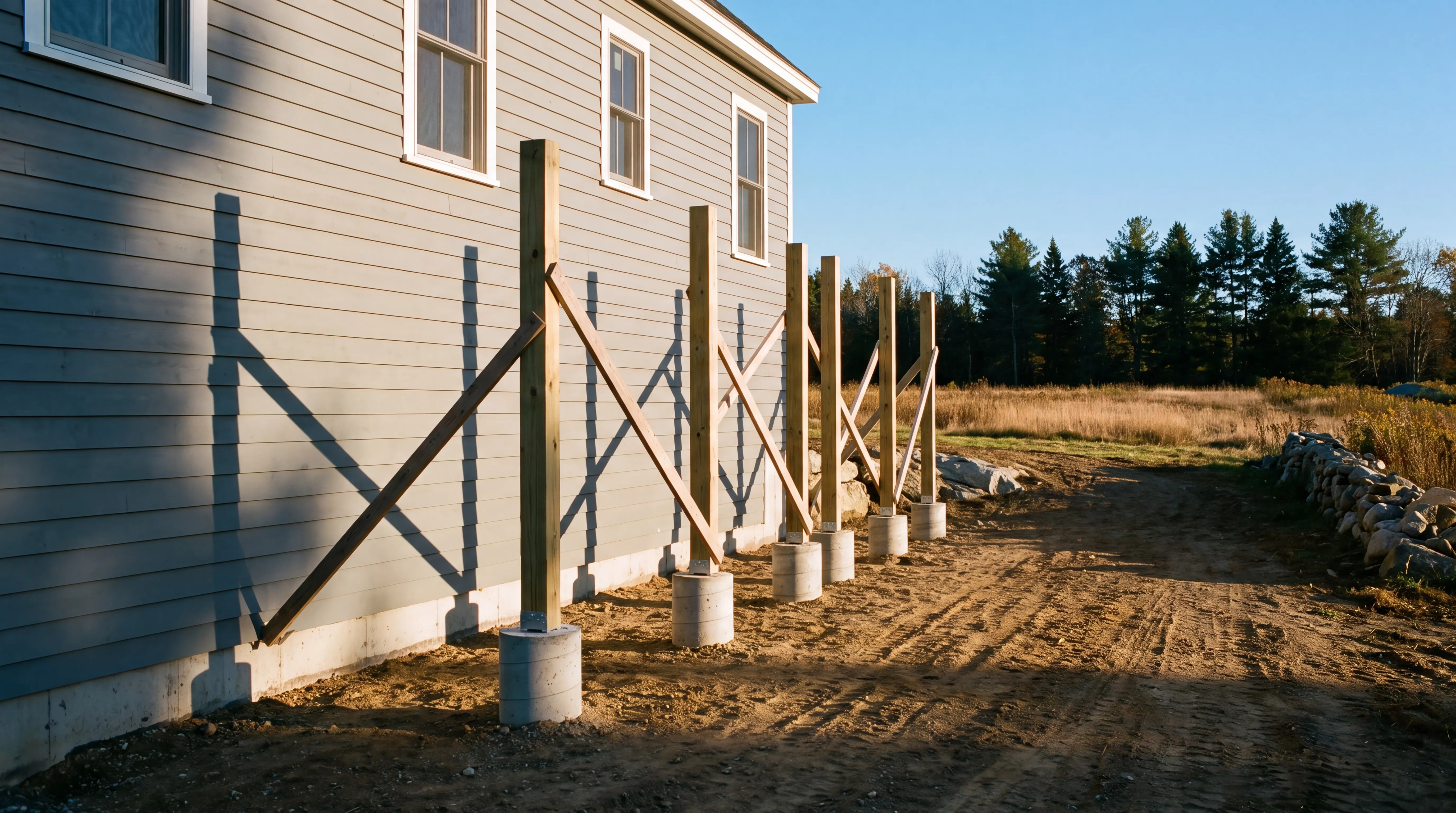 Row of braced wood posts on concrete footings along a gray house in Whitefield, Maine