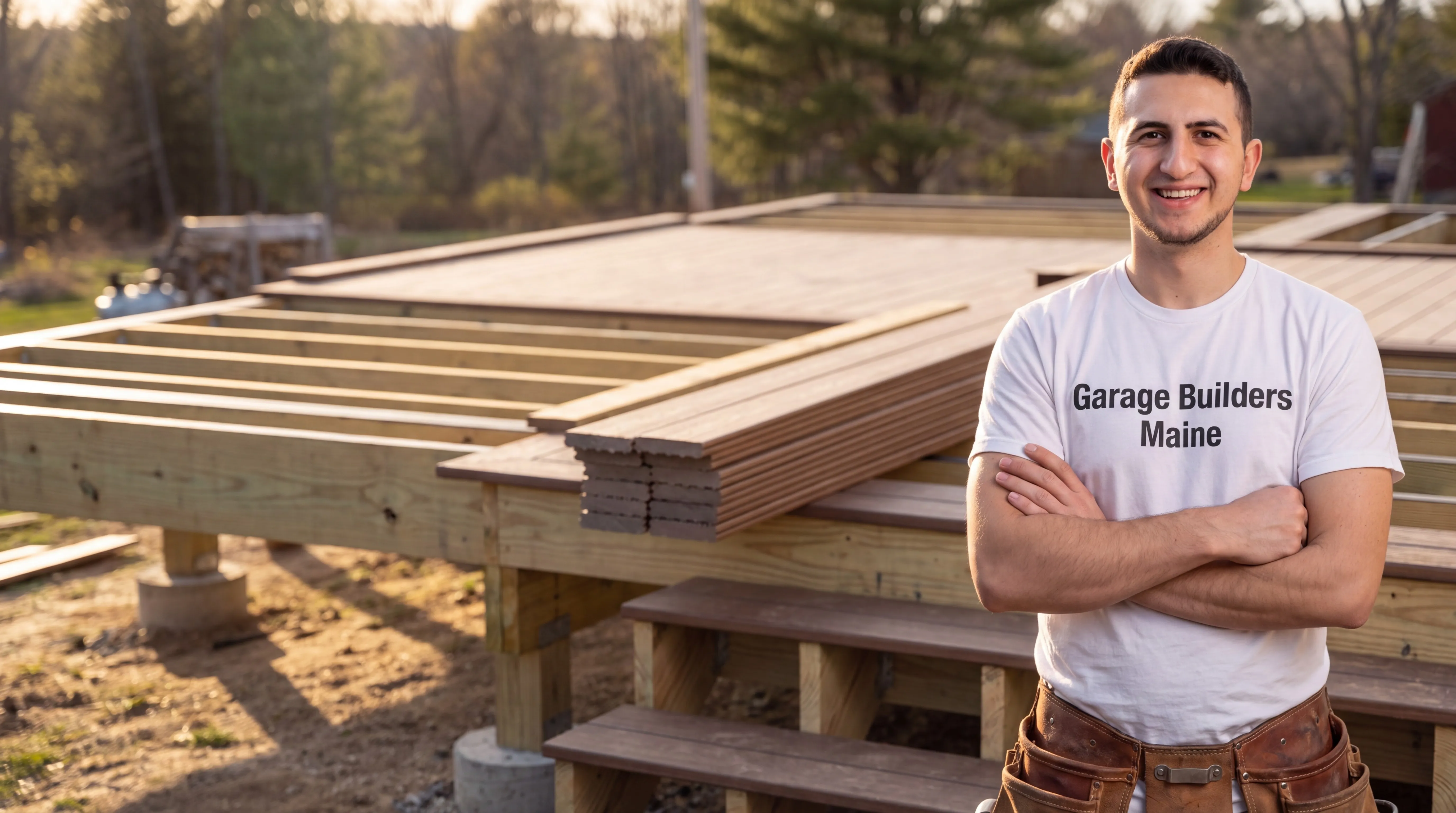 Deck contractor Whitefield Maine: owner with arms crossed in front of deck framing and stacked deck boards