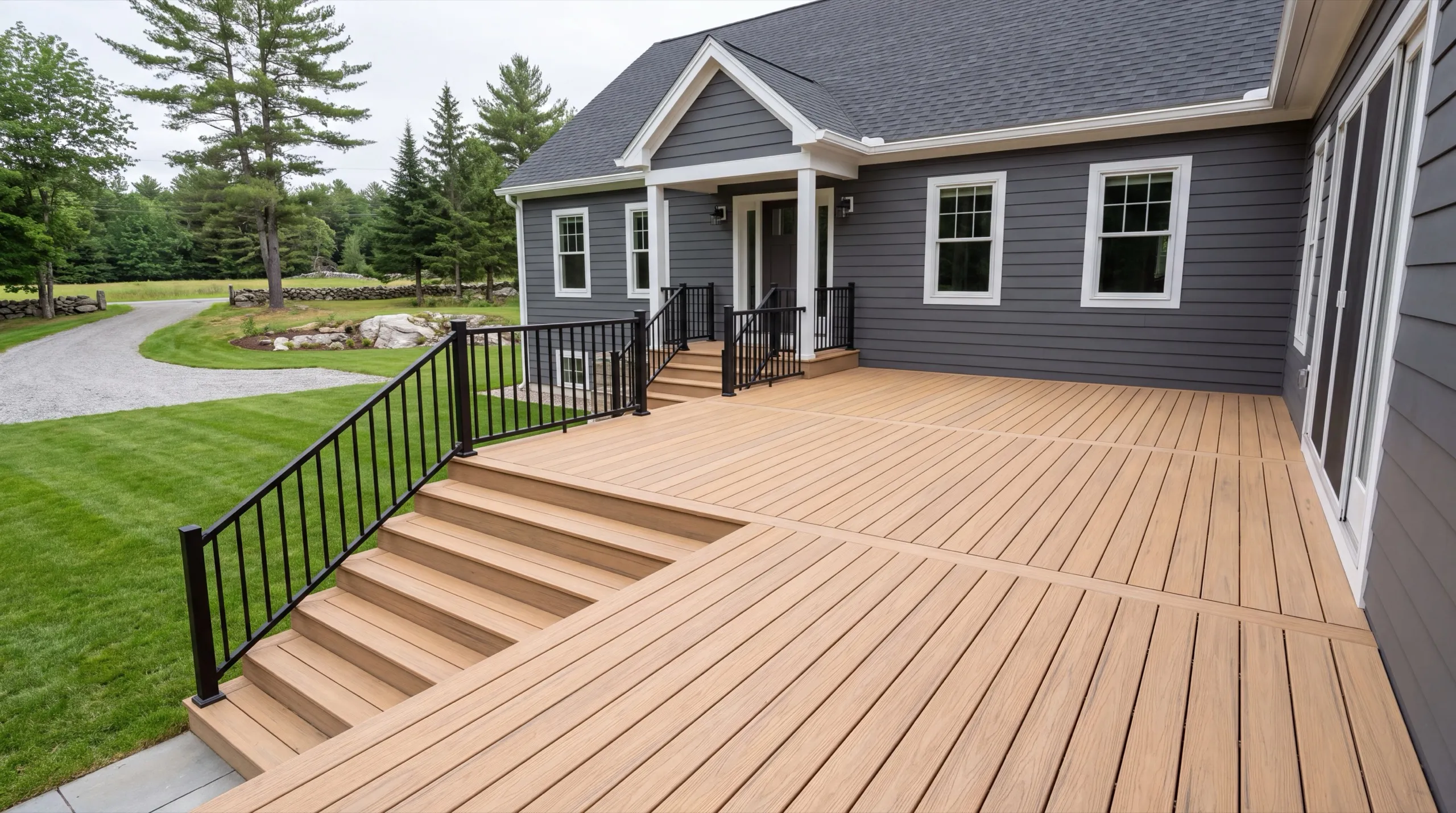 Deck contractor Windsor Maine: tan composite deck with wide steps and black railing on a gray ranch house