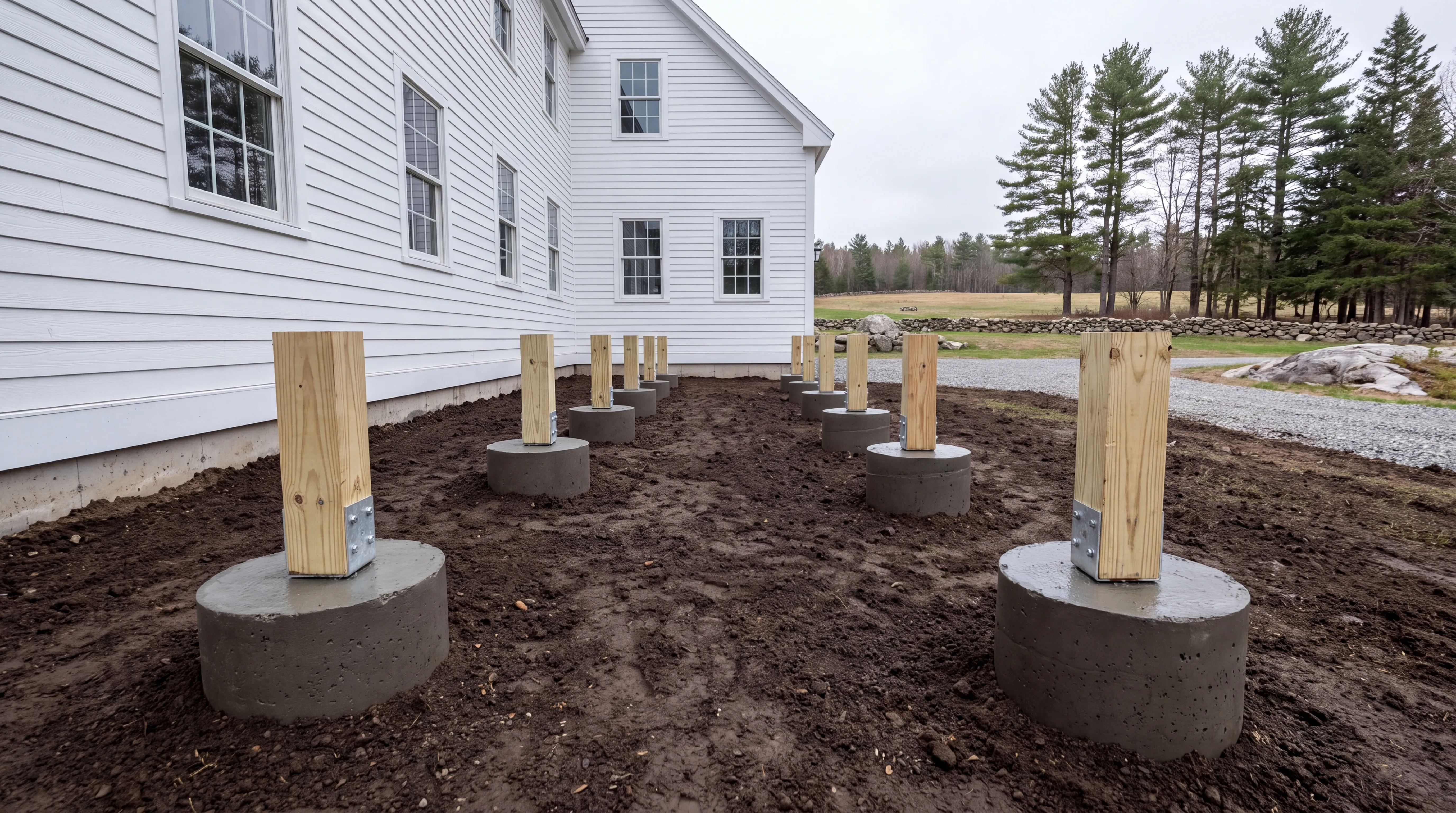Wood deck posts on round concrete footings in dark soil by a white house in Windsor, Maine