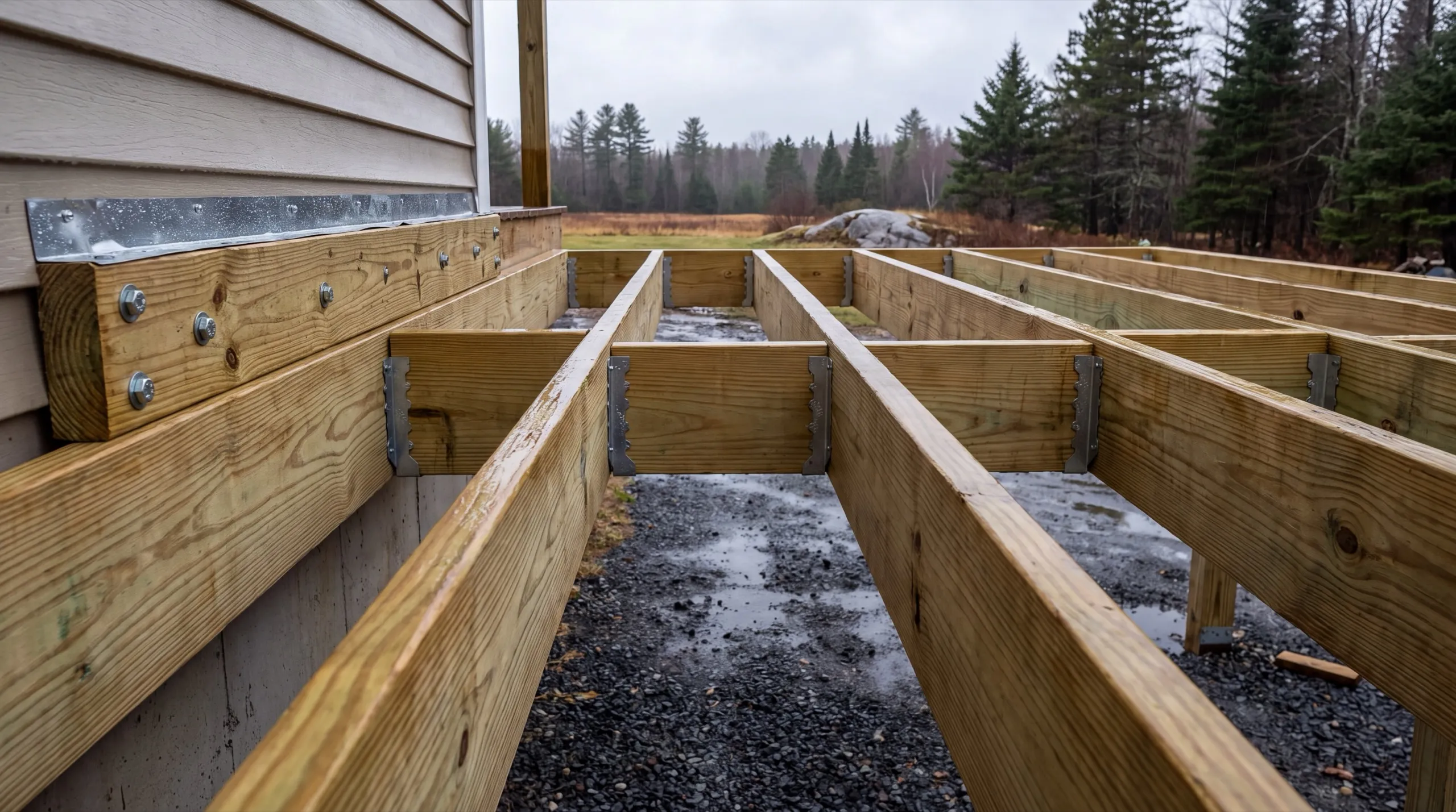 Deck builder Windsor Maine: close view of new deck joists bolted to a ledger board on a house