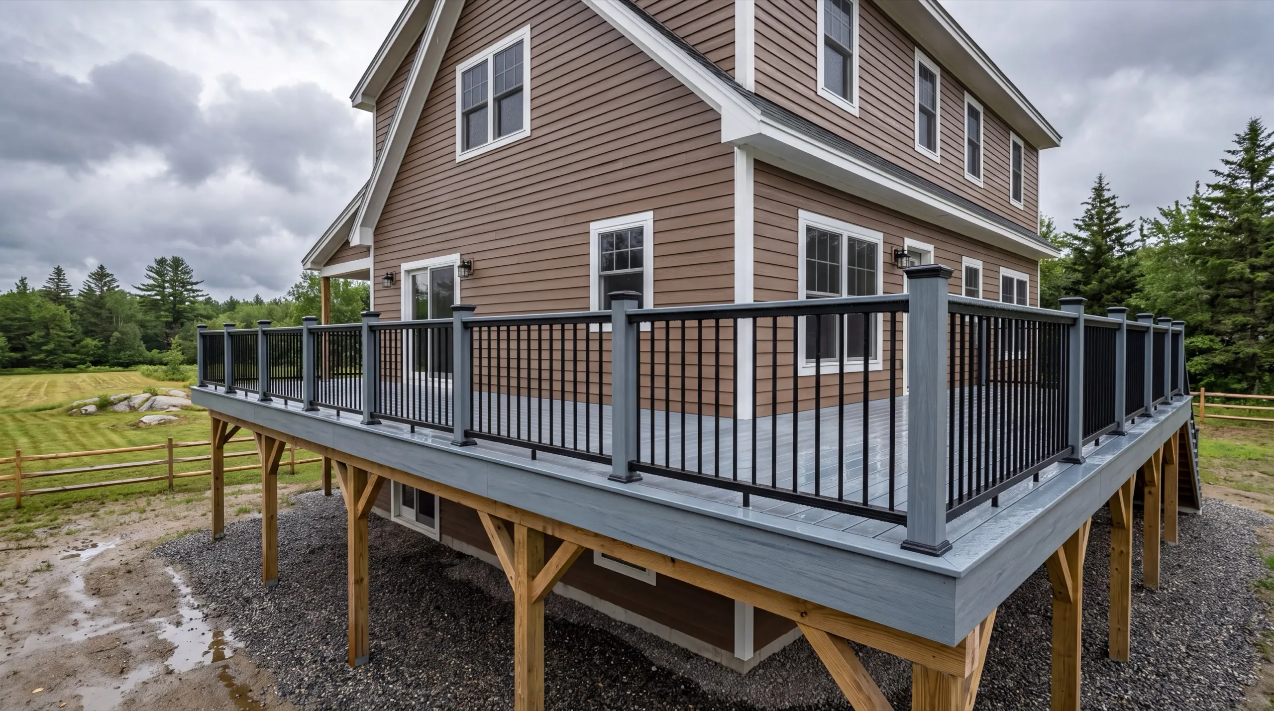 Deck contractor in Windsor, ME: raised gray composite deck with black balusters on braced posts by a brown house