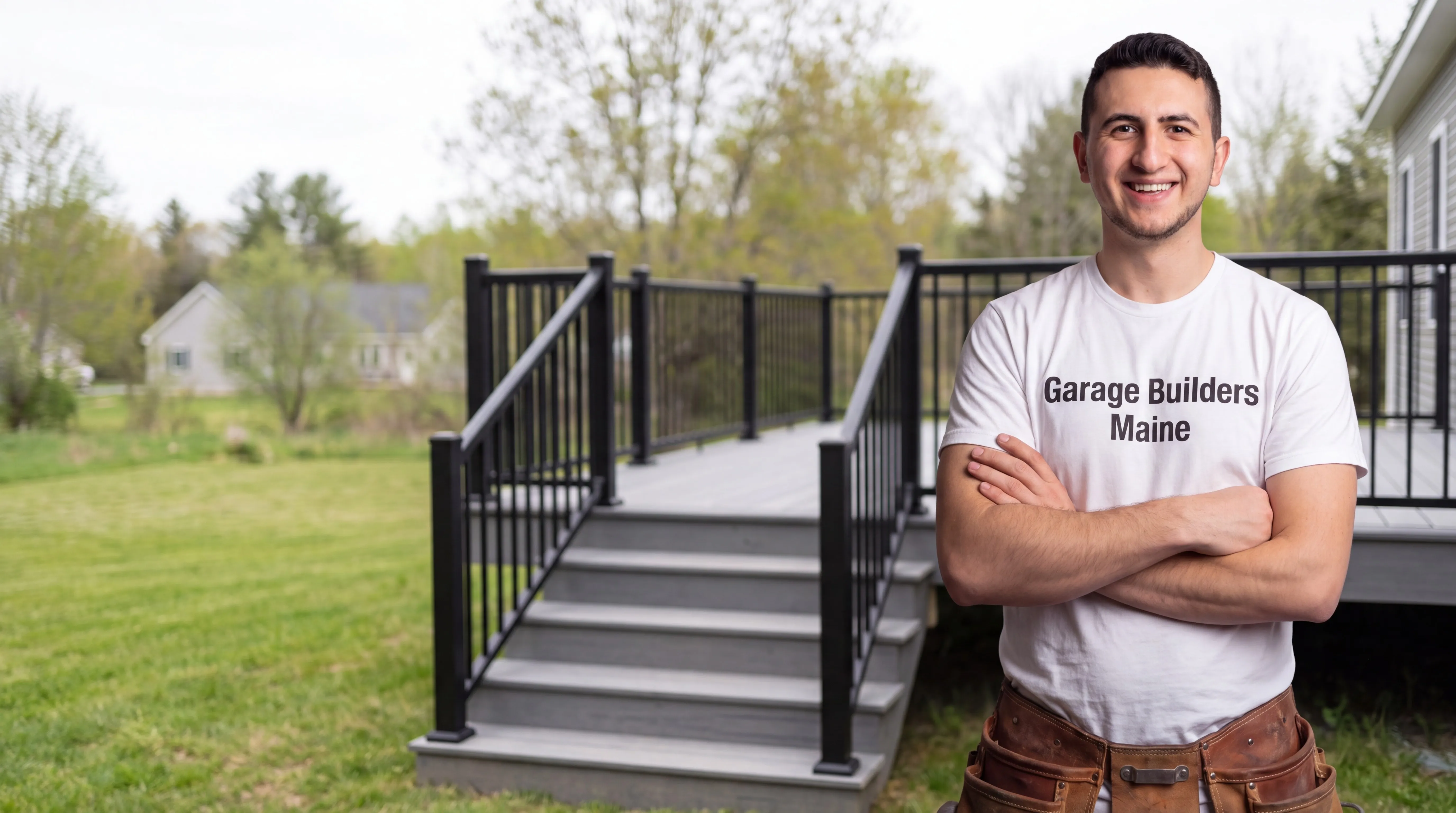Deck contractor Windsor Maine: owner with arms crossed beside gray composite deck stairs with black railing
