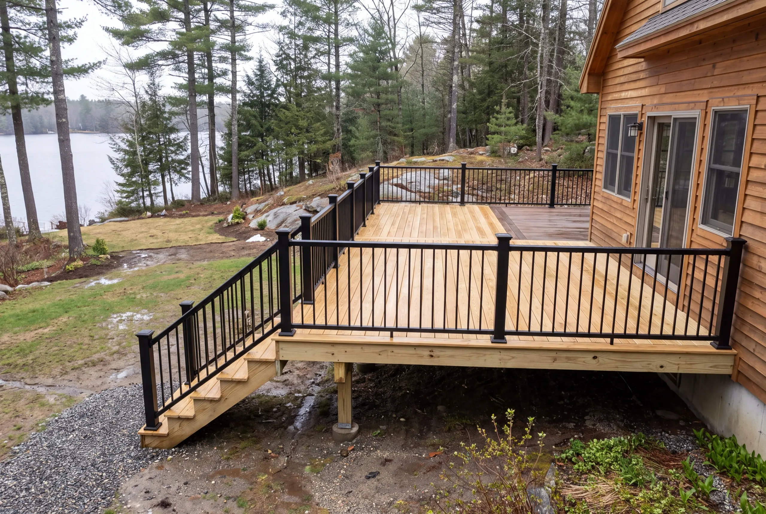 Deck contractor Winthrop Maine: new pressure-treated deck joining an older dark deck section on a lakeside house