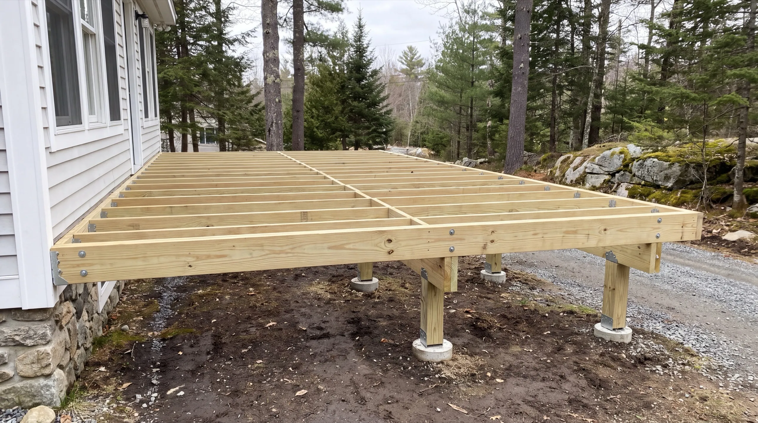 Deck builder Winthrop Maine: new deck framing on posts and concrete footings beside a white house