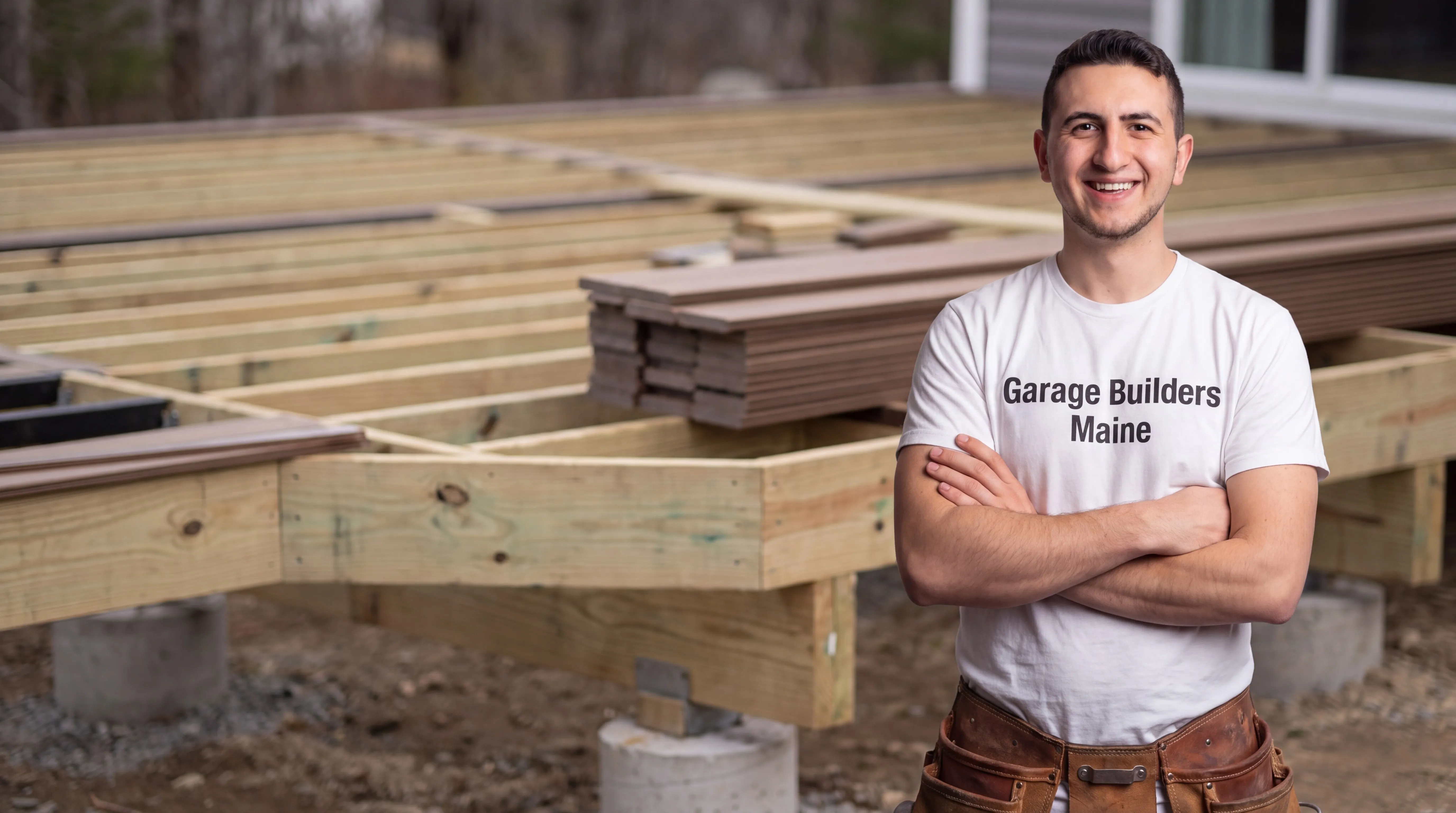Deck contractor Winthrop Maine: owner with arms crossed in front of deck framing and stacked deck boards