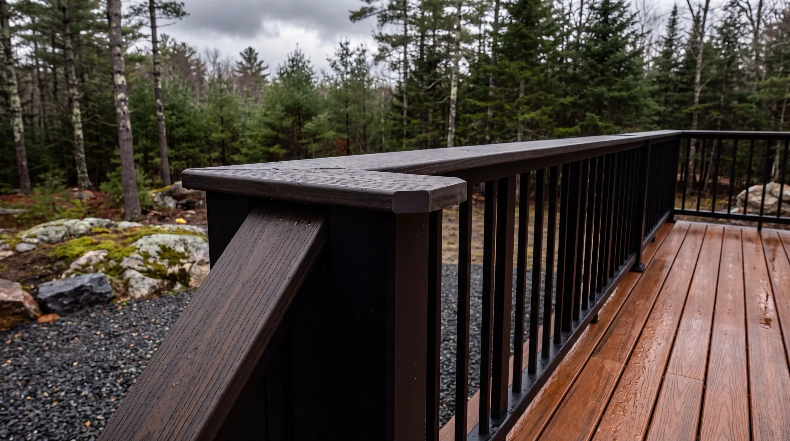 Deck builder Winthrop Maine: close view of a finished dark composite railing with black balusters