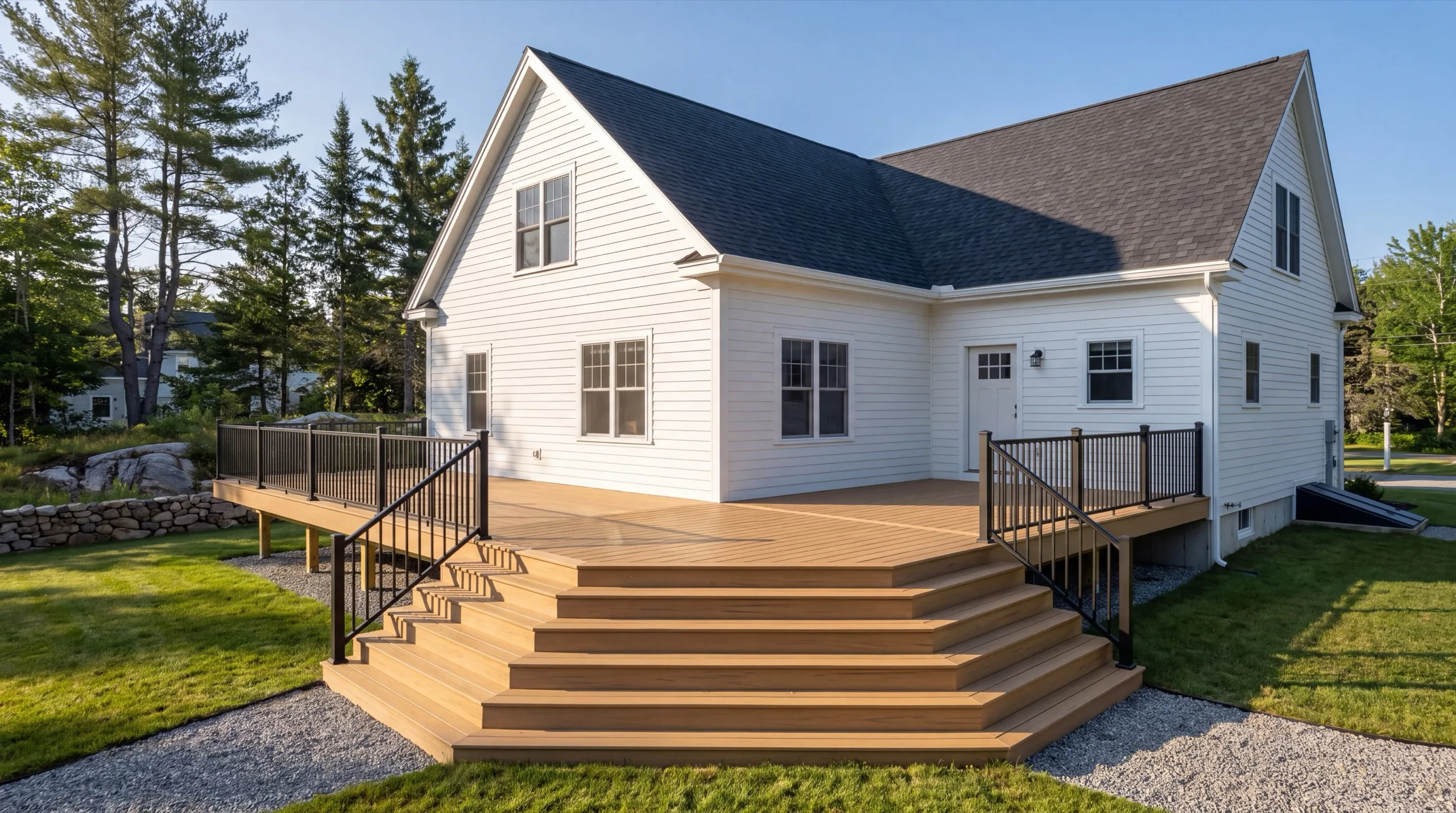 Deck contractor Wiscasset Maine: tan composite deck with wide wraparound steps and black railing on a white cape